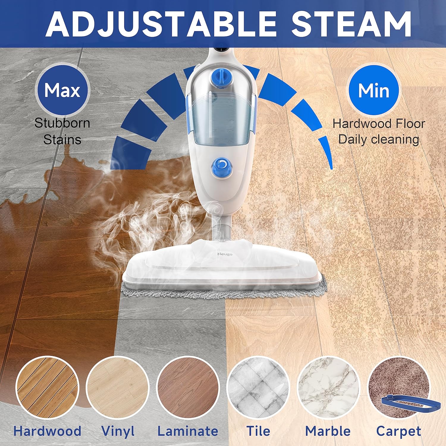 Neugo NE-033 Steam Mop - Versatile All-in-One Floor Cleaner for Hardwood, Vinyl, Laminate, Tile, and Carpet with Adjustable Steam Modes