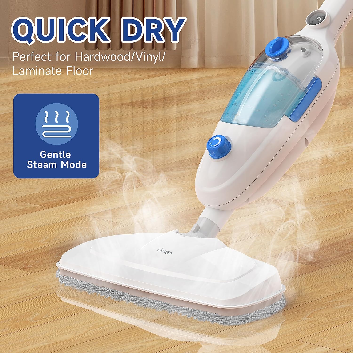 Neugo NE-033 Steam Mop - Versatile All-in-One Floor Cleaner for Hardwood, Vinyl, Laminate, Tile, and Carpet with Adjustable Steam Modes