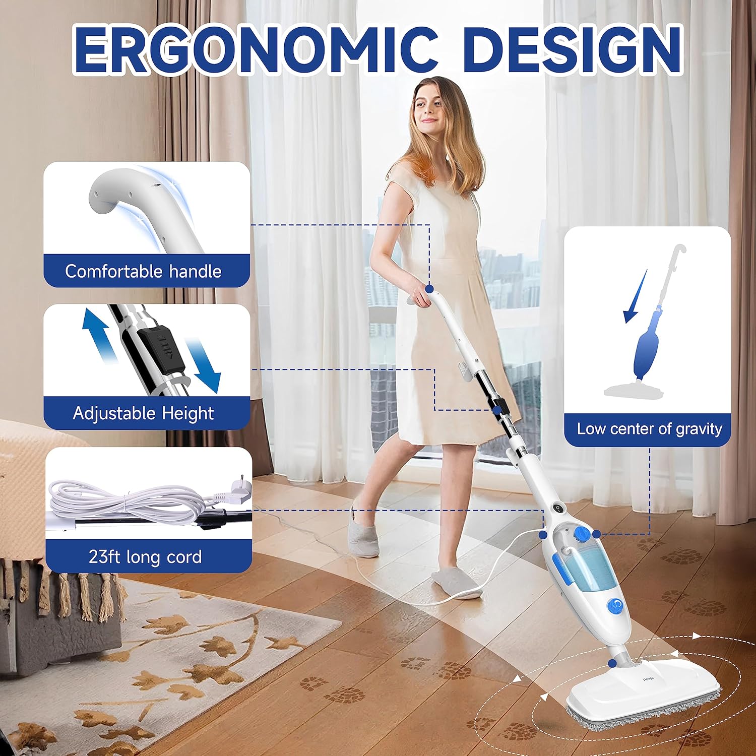 Neugo NE-033 Steam Mop - Versatile All-in-One Floor Cleaner for Hardwood, Vinyl, Laminate, Tile, and Carpet with Adjustable Steam Modes