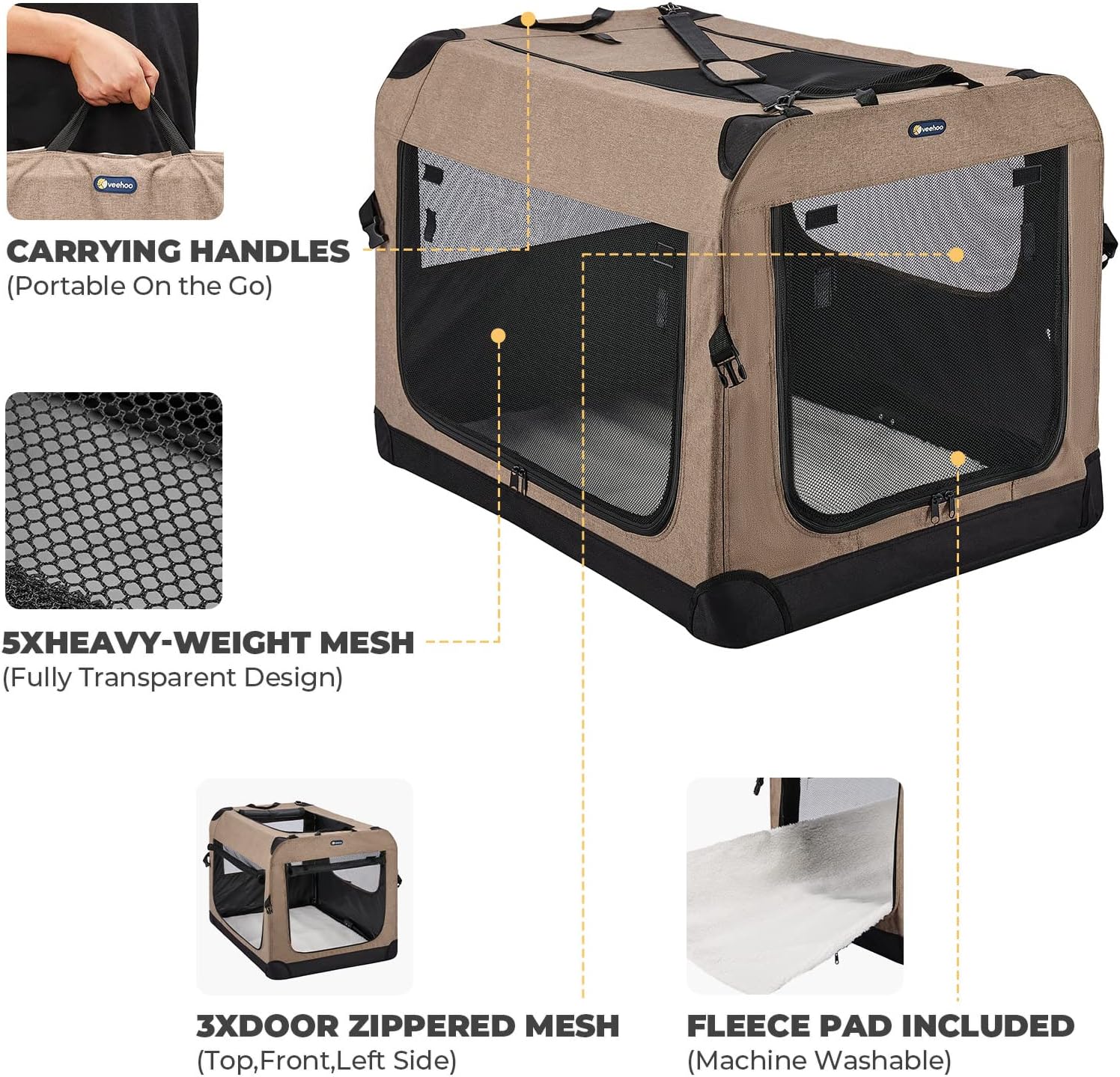 Veehoo Portable Folding Dog Crate – 36" Collapsible Pet Kennel with 3 Access Points, Ideal for Crate Training and Travel