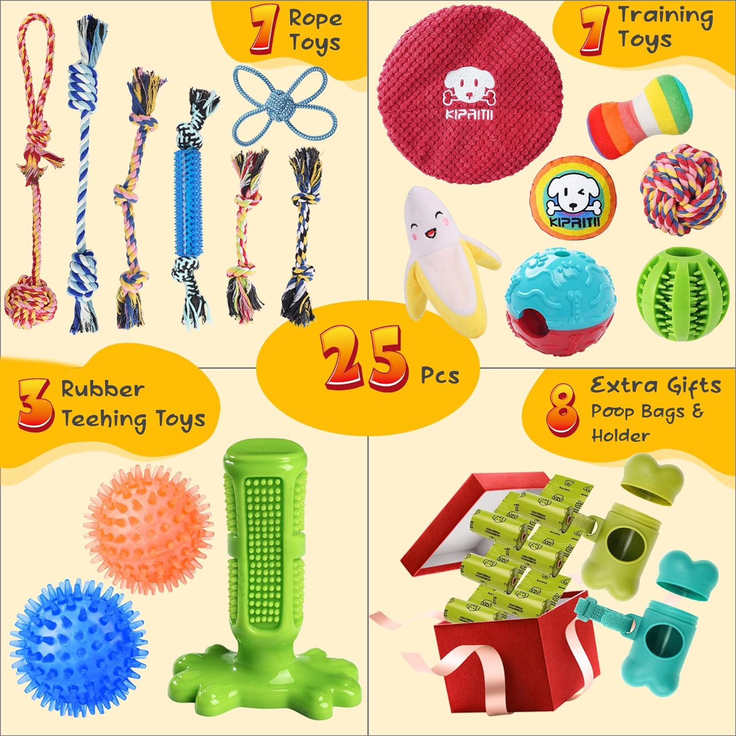 KIPRITII 25-Piece Puppy Dog Toy Set: Comprehensive Collection for Teething, Play, and Engagement – Featuring Rope Toys, Treat Balls, and Squeaky Toys