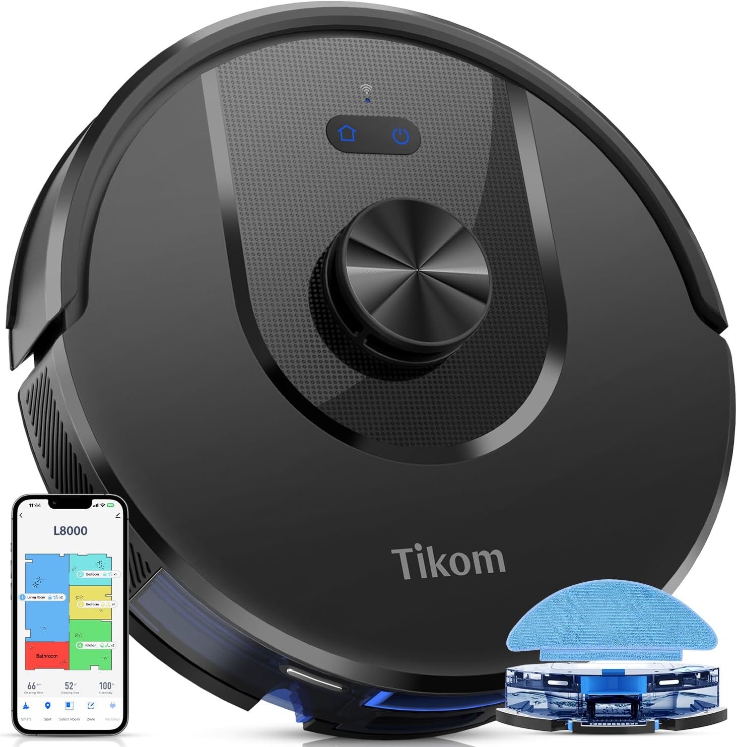 Tikom L8000 Robot Vacuum and Mop with Advanced Laser LiDAR Navigation – Powerful 3,000Pa Suction, 150-Minute Runtime, Ultra-Quiet Operation (45dB), and Self-Charging Functionality – Perfect for Pet Hair, Carpets, and Hard Floors