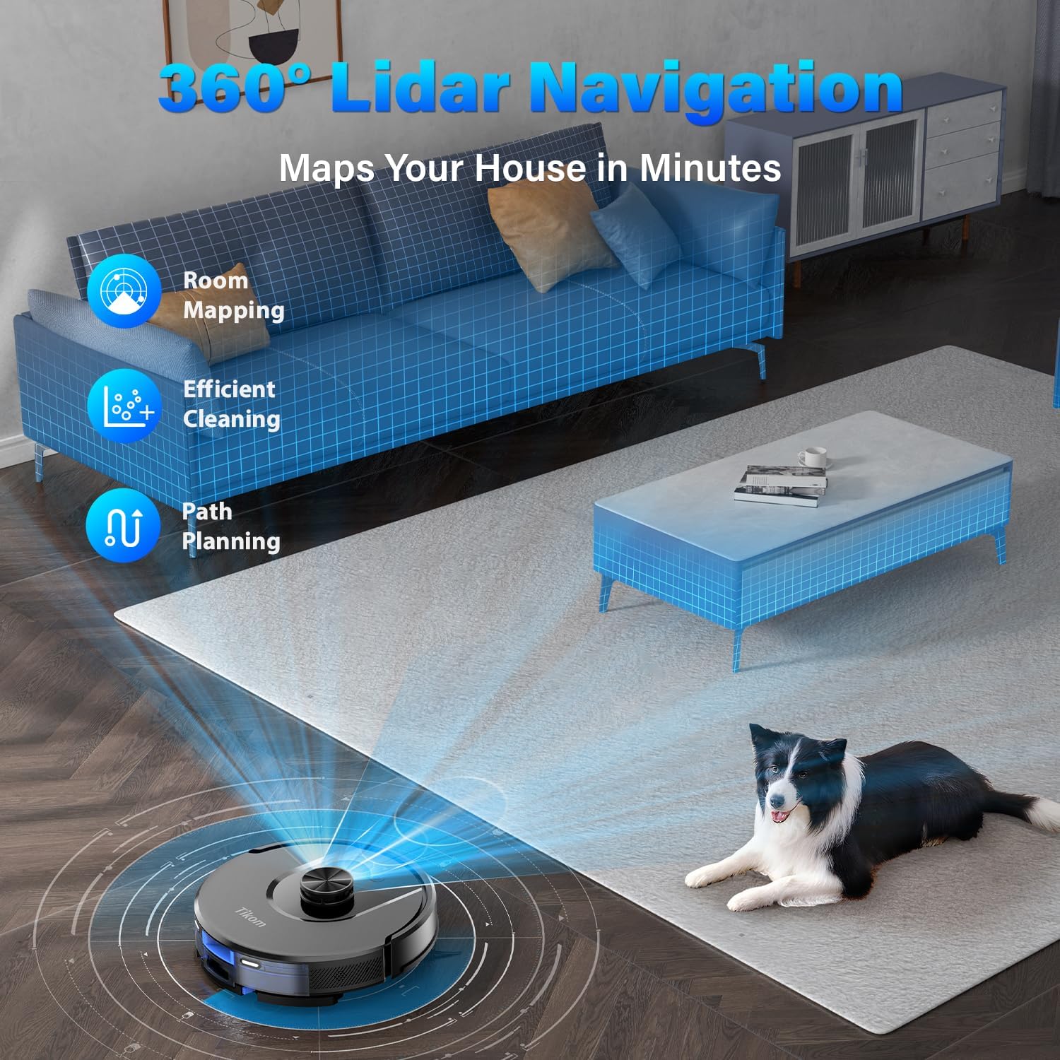 Tikom L8000 Robot Vacuum and Mop with Advanced Laser LiDAR Navigation – Powerful 3,000Pa Suction, 150-Minute Runtime, Ultra-Quiet Operation (45dB), and Self-Charging Functionality – Perfect for Pet Hair, Carpets, and Hard Floors