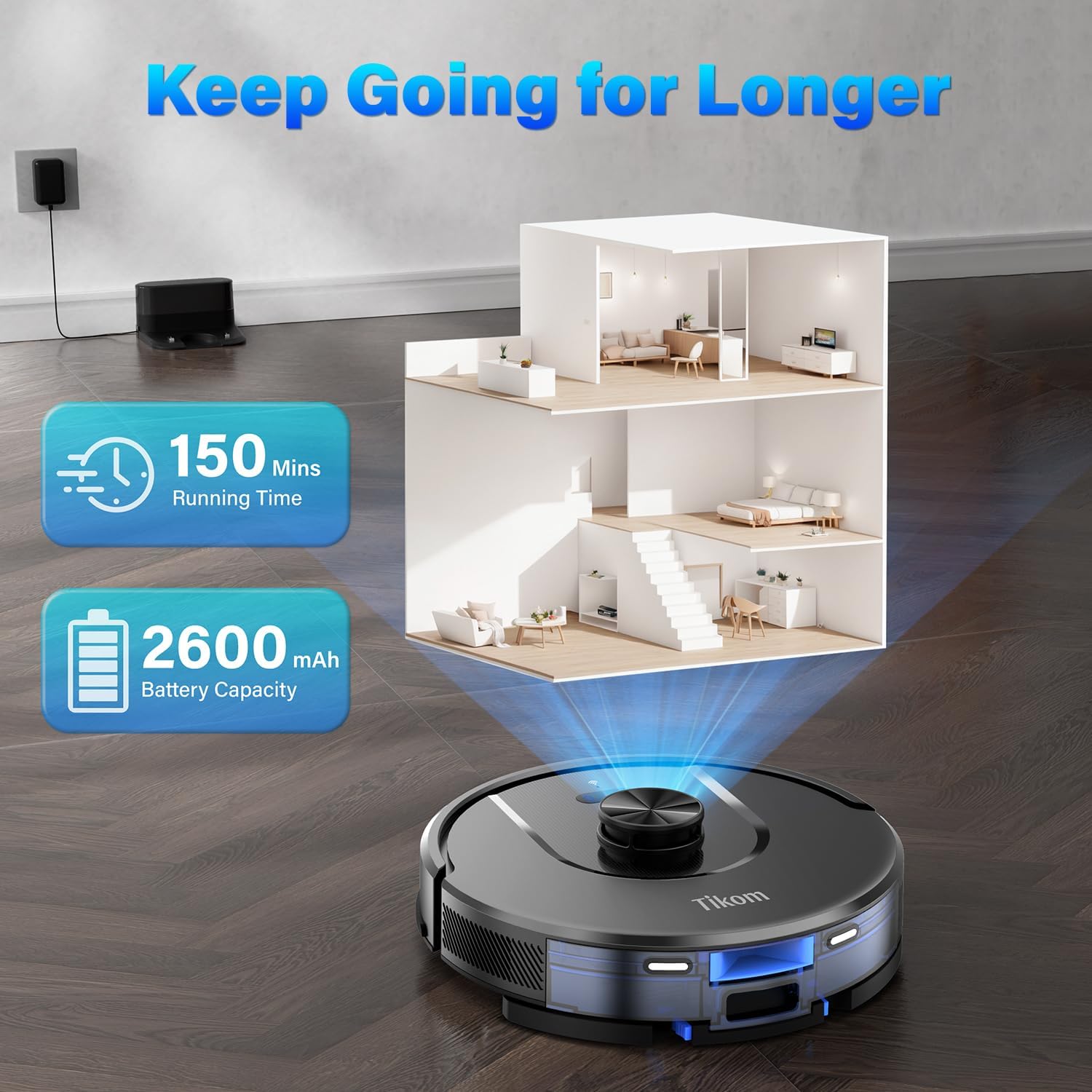 Tikom L8000 Robot Vacuum and Mop with Advanced Laser LiDAR Navigation – Powerful 3,000Pa Suction, 150-Minute Runtime, Ultra-Quiet Operation (45dB), and Self-Charging Functionality – Perfect for Pet Hair, Carpets, and Hard Floors