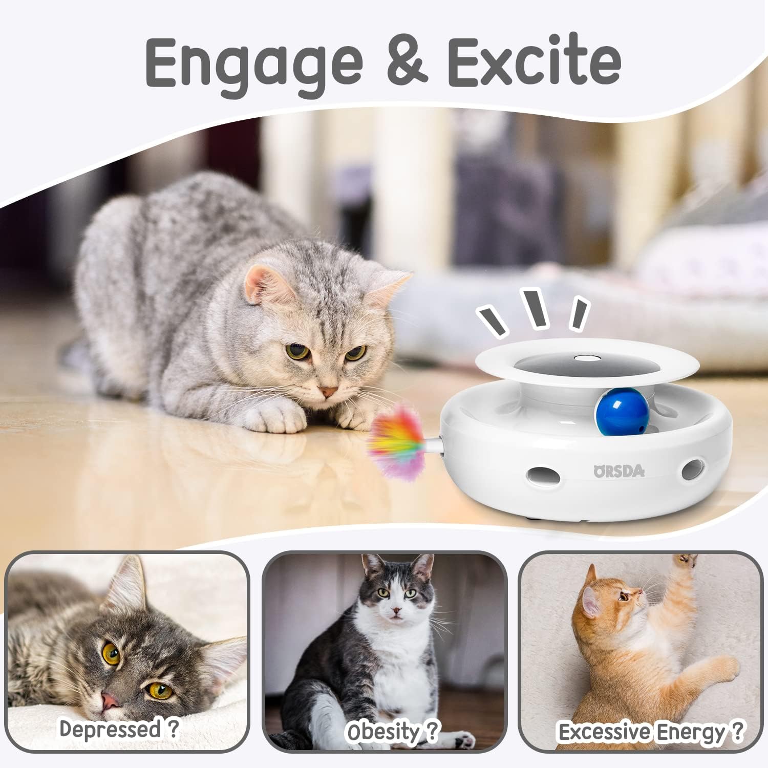 ORSDA 2-in-1 Interactive Cat Toy with Automatic Timer and Ambush Mouse – Engaging Indoor Play for Cats