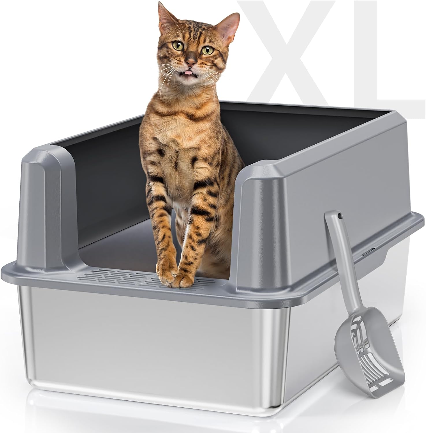 Suitfeel Extra Large Enclosed Stainless Steel Cat Litter Box with Lid - Odor-Free, Easy-Clean Solution for Large Cats, Complete with Litter Scoop and Anti-Leak Design