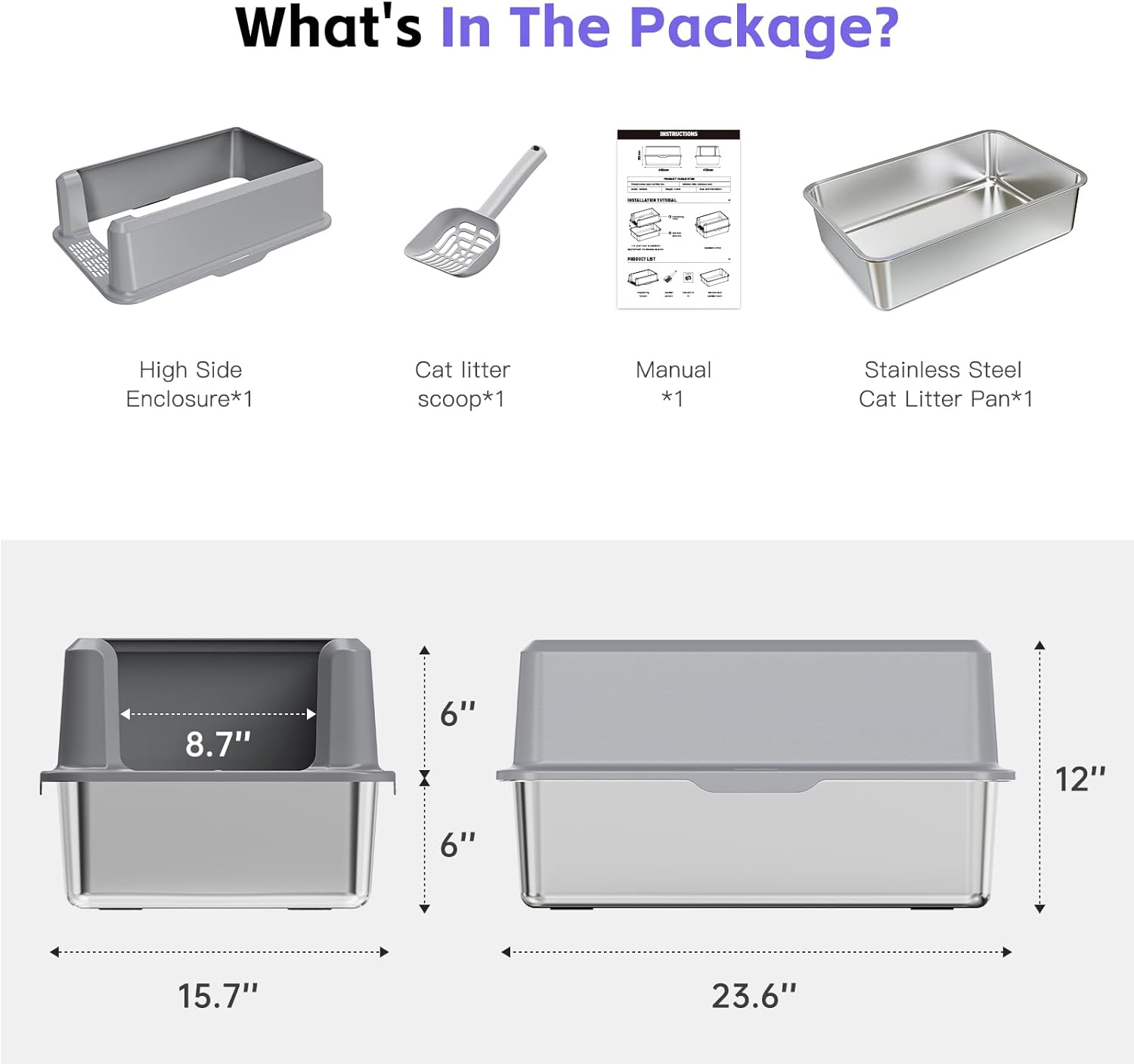 Suitfeel Extra Large Enclosed Stainless Steel Cat Litter Box with Lid - Odor-Free, Easy-Clean Solution for Large Cats, Complete with Litter Scoop and Anti-Leak Design