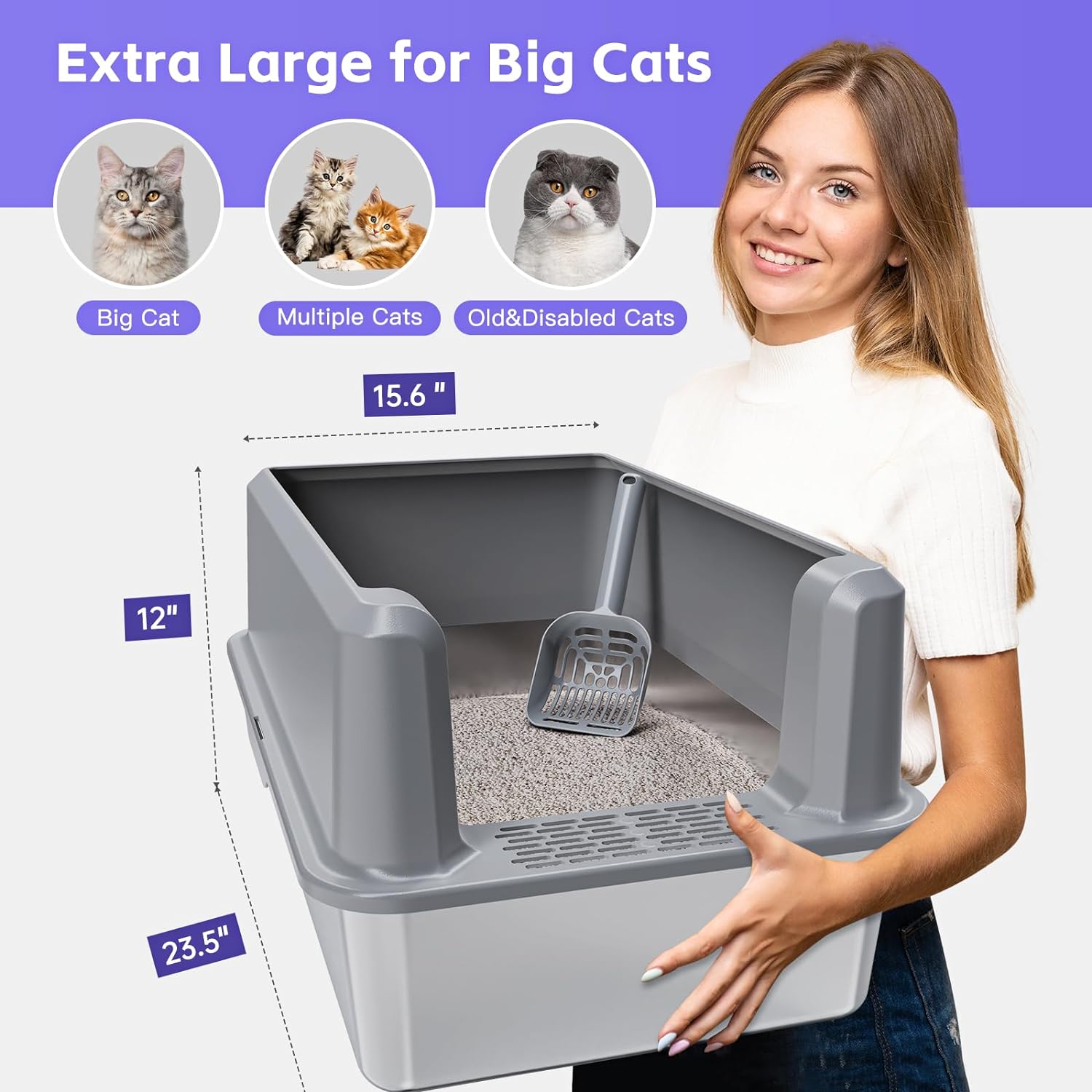 Suitfeel Extra Large Enclosed Stainless Steel Cat Litter Box with Lid - Odor-Free, Easy-Clean Solution for Large Cats, Complete with Litter Scoop and Anti-Leak Design