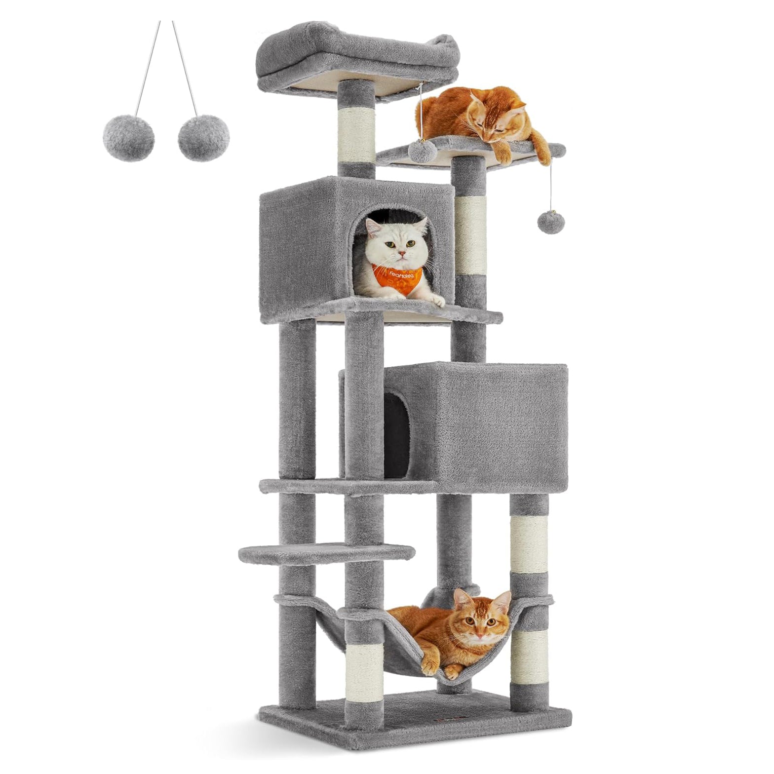 Feandrea 61-Inch Multi-Level Cat Tower with Plush Perches, Spacious Caves, Hammock, and Scratching Posts