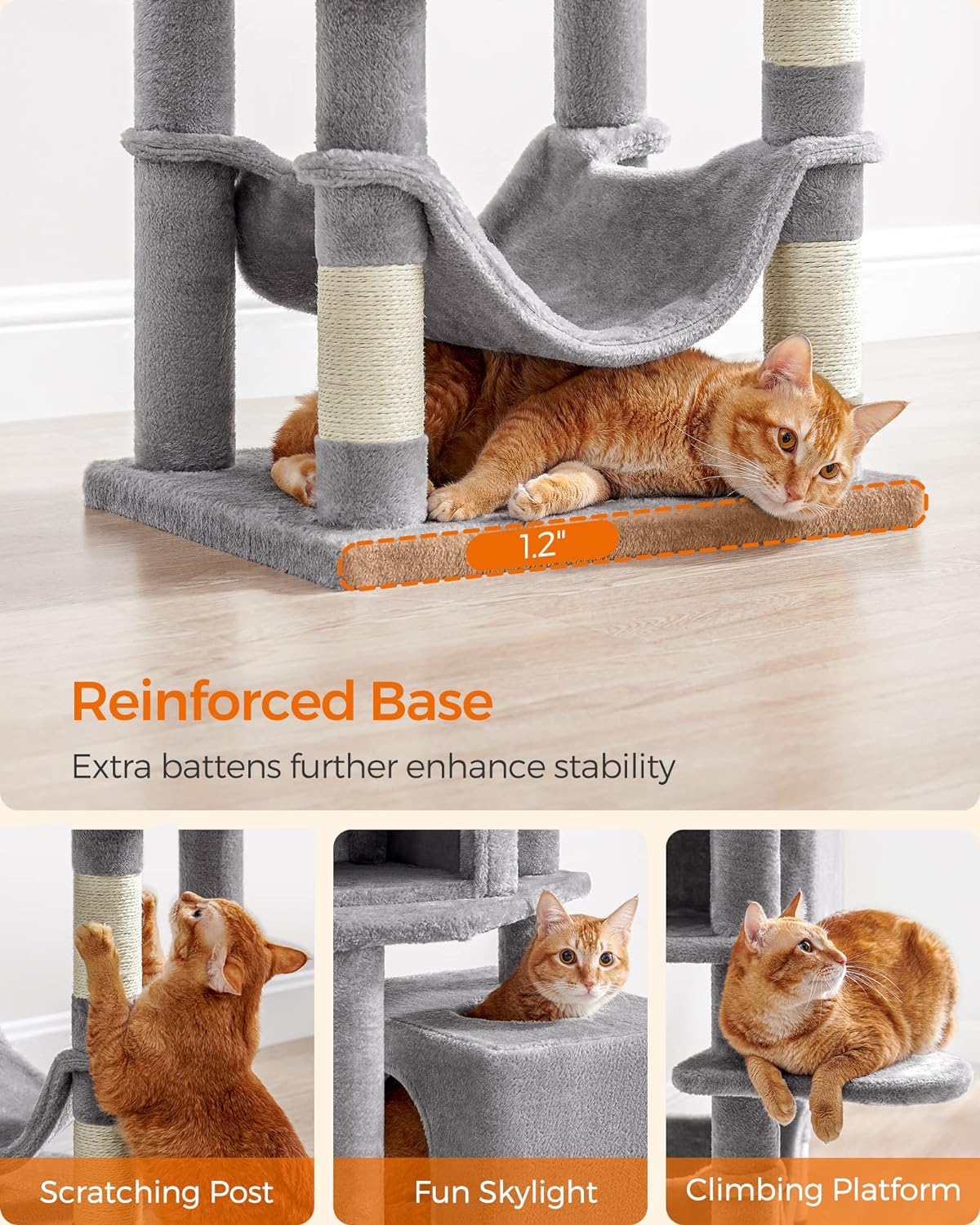 Feandrea 61-Inch Multi-Level Cat Tower with Plush Perches, Spacious Caves, Hammock, and Scratching Posts