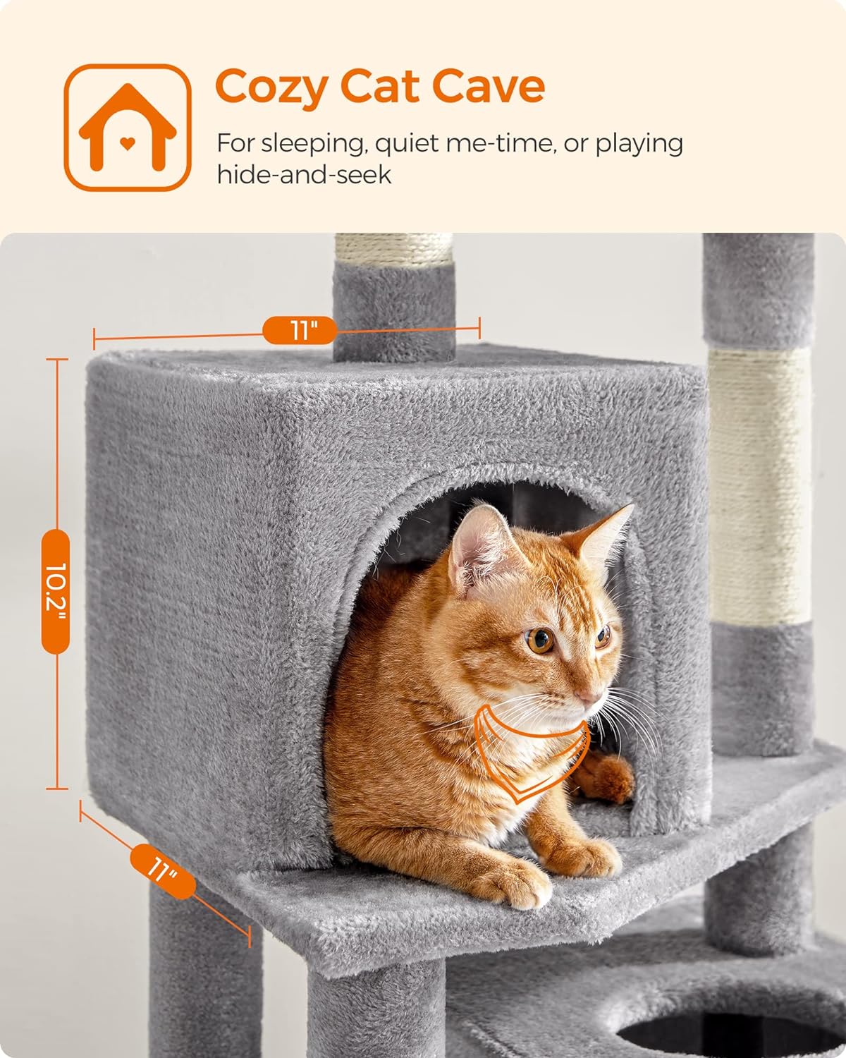 Feandrea 61-Inch Multi-Level Cat Tower with Plush Perches, Spacious Caves, Hammock, and Scratching Posts