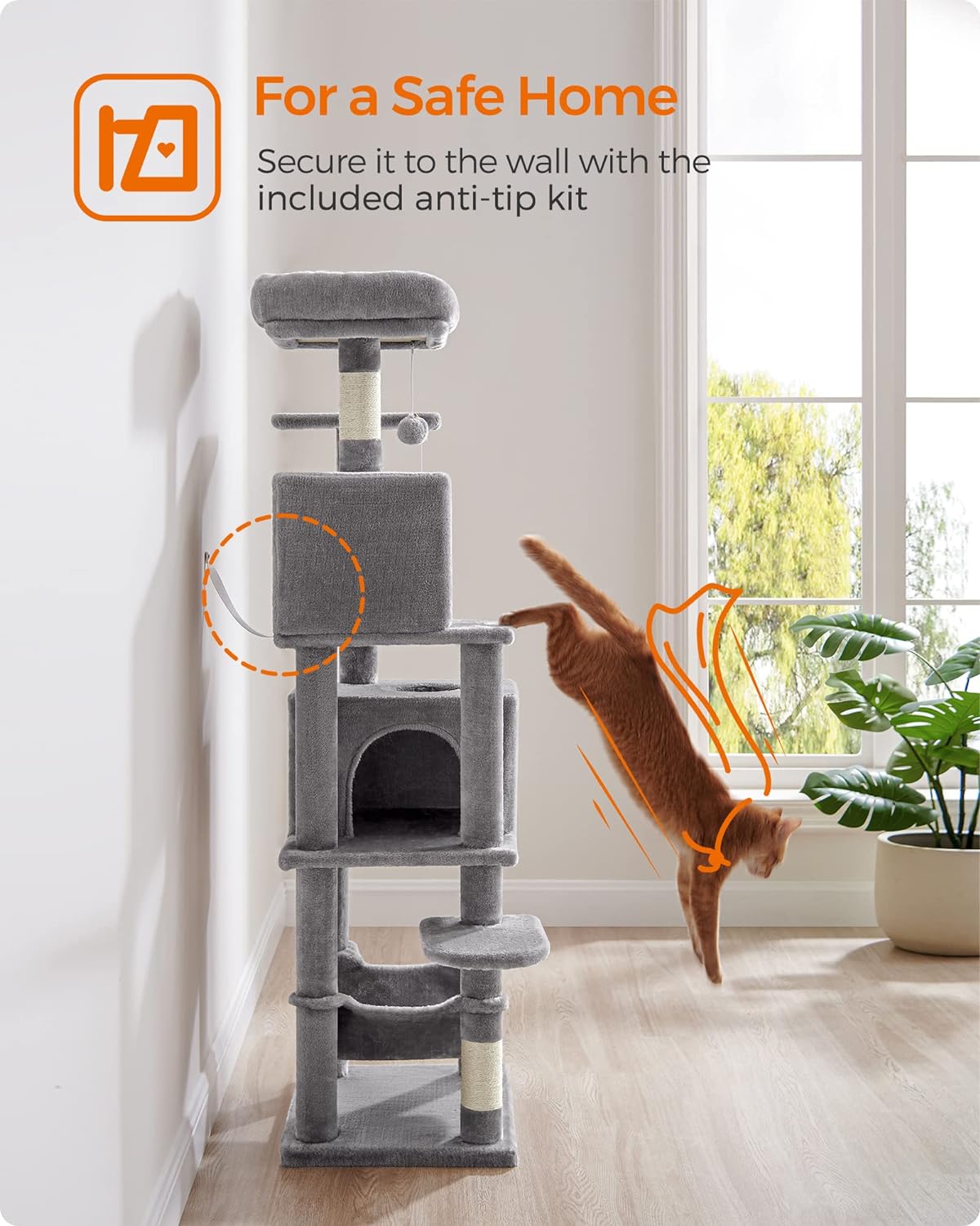 Feandrea 61-Inch Multi-Level Cat Tower with Plush Perches, Spacious Caves, Hammock, and Scratching Posts