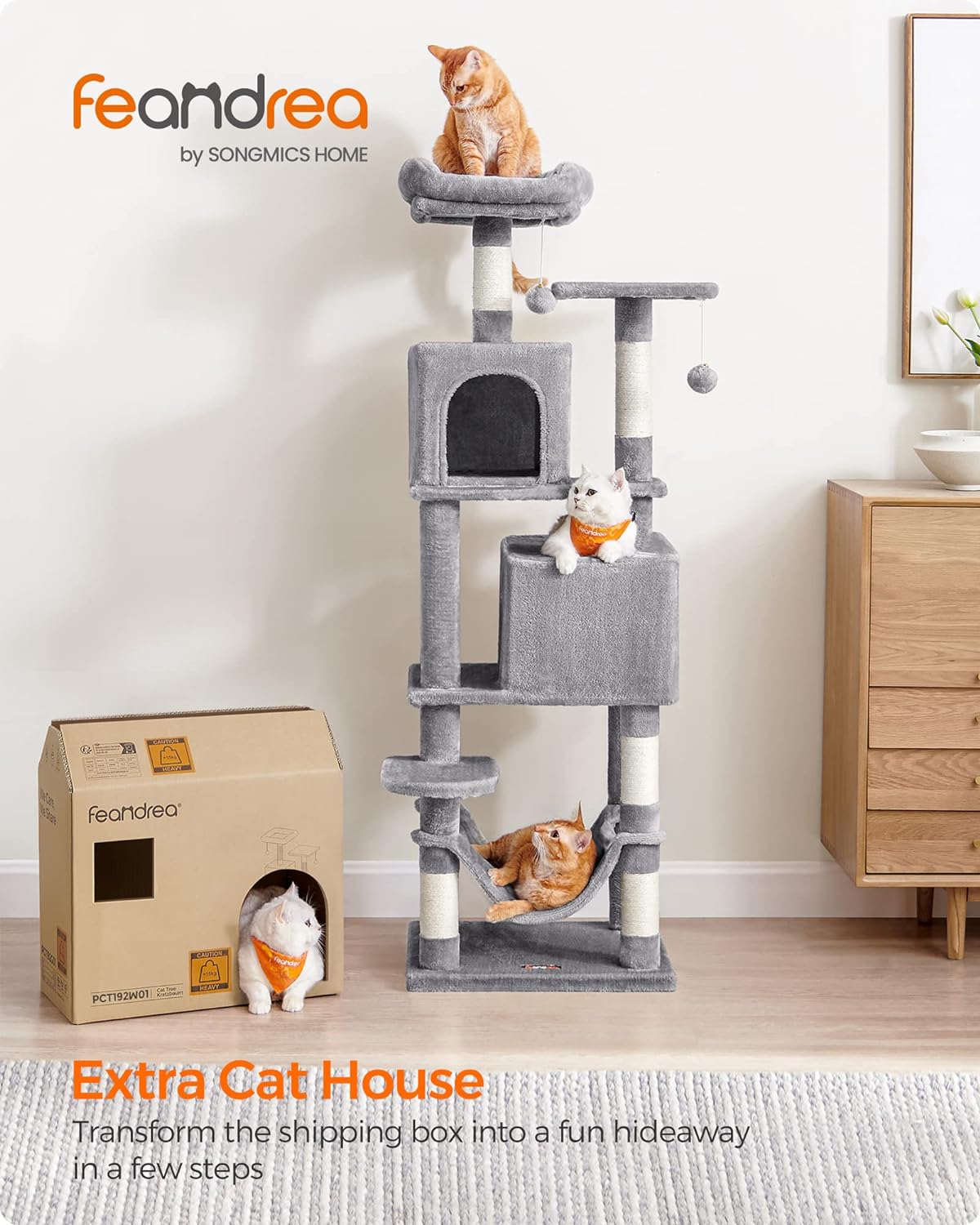 Feandrea 61-Inch Multi-Level Cat Tower with Plush Perches, Spacious Caves, Hammock, and Scratching Posts