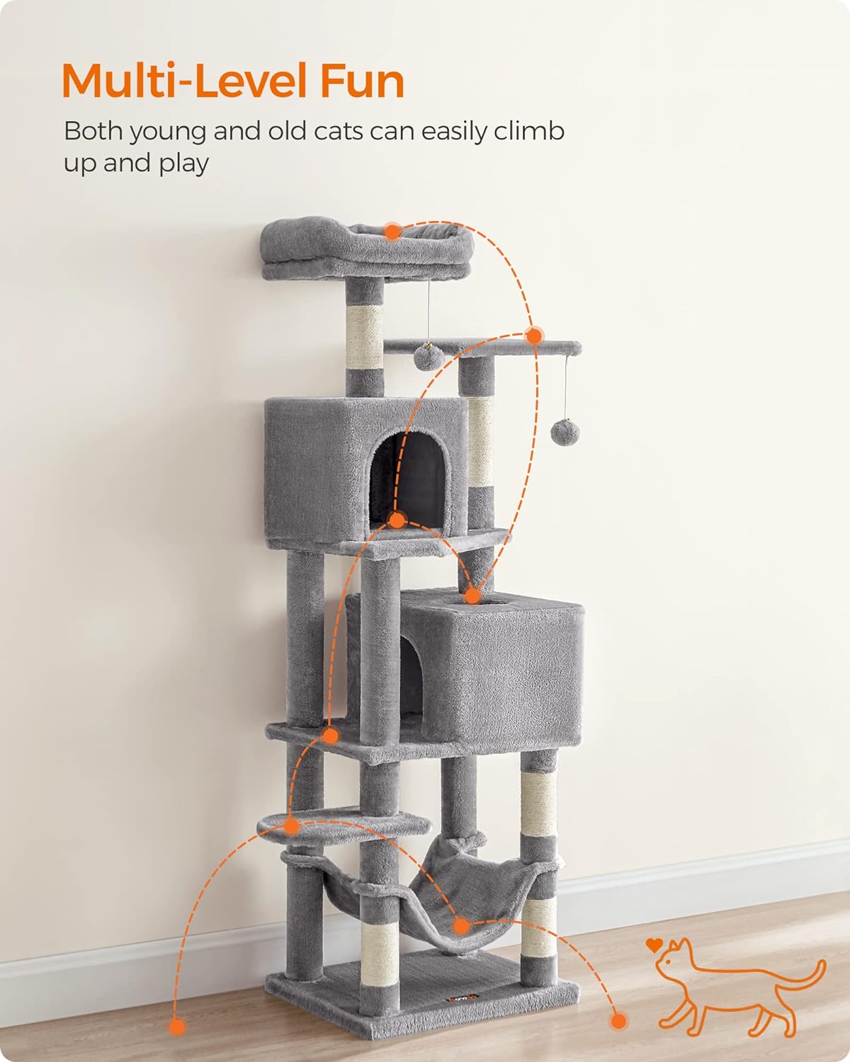 Feandrea 61-Inch Multi-Level Cat Tower with Plush Perches, Spacious Caves, Hammock, and Scratching Posts