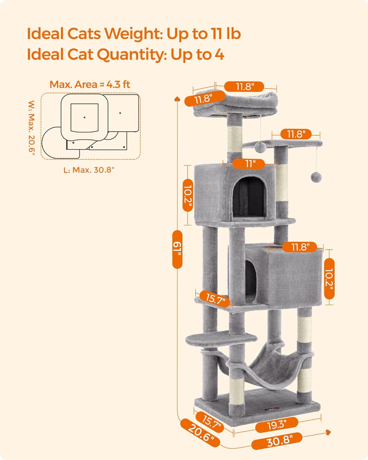 Feandrea 61-Inch Multi-Level Cat Tower with Plush Perches, Spacious Caves, Hammock, and Scratching Posts