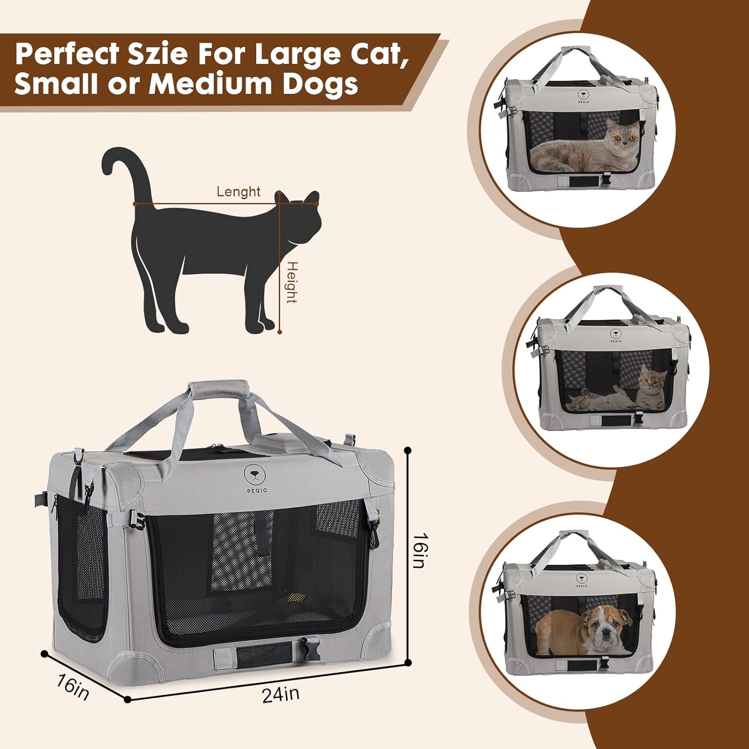 PEGIC Extra Large Soft-Sided Pet Carrier for Two Cats – Premium Portable Carrier for Travel and Everyday Use (24" x 16" x 16")