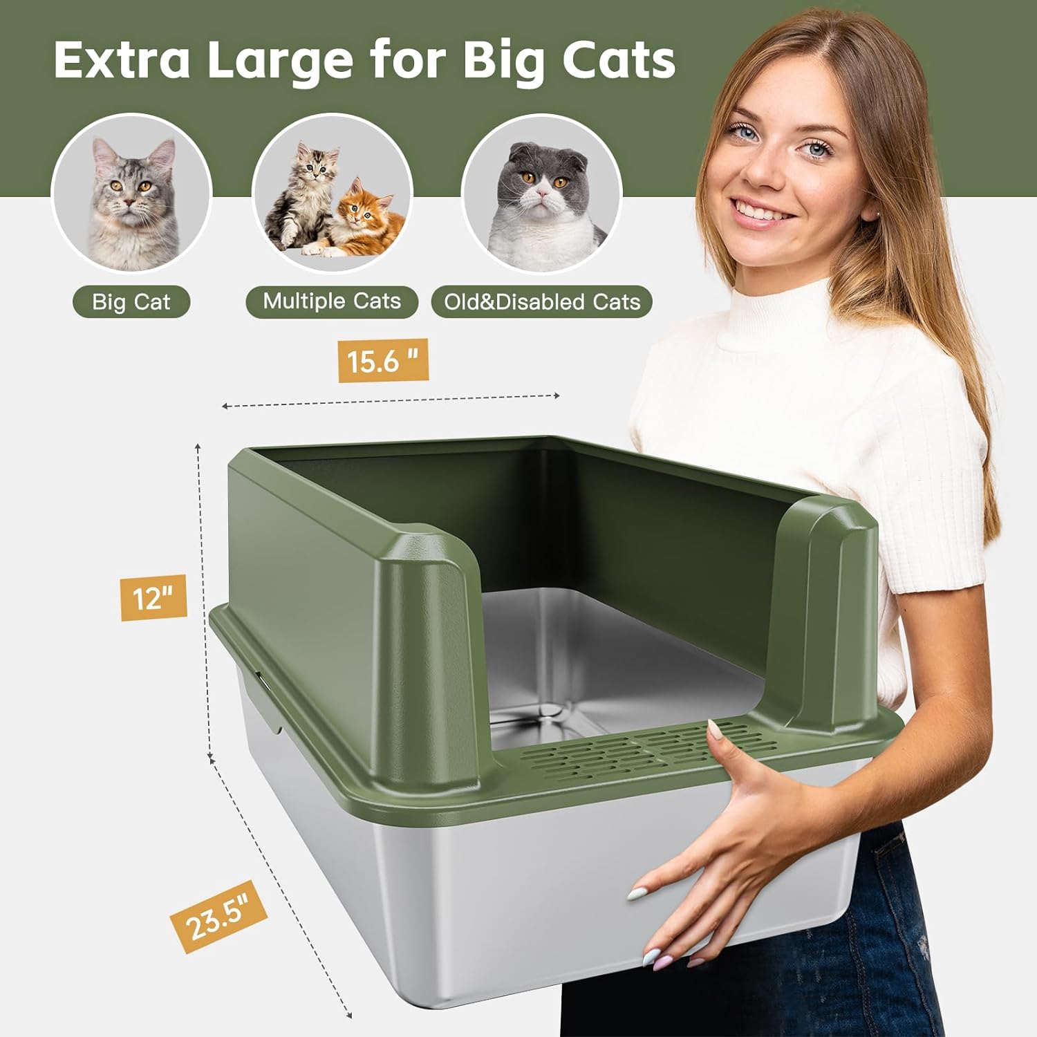 Premium Extra-Large Stainless Steel Cat Litter Box with High Sides | Easy-Clean Design for Large Cats | Includes Litter Scoop