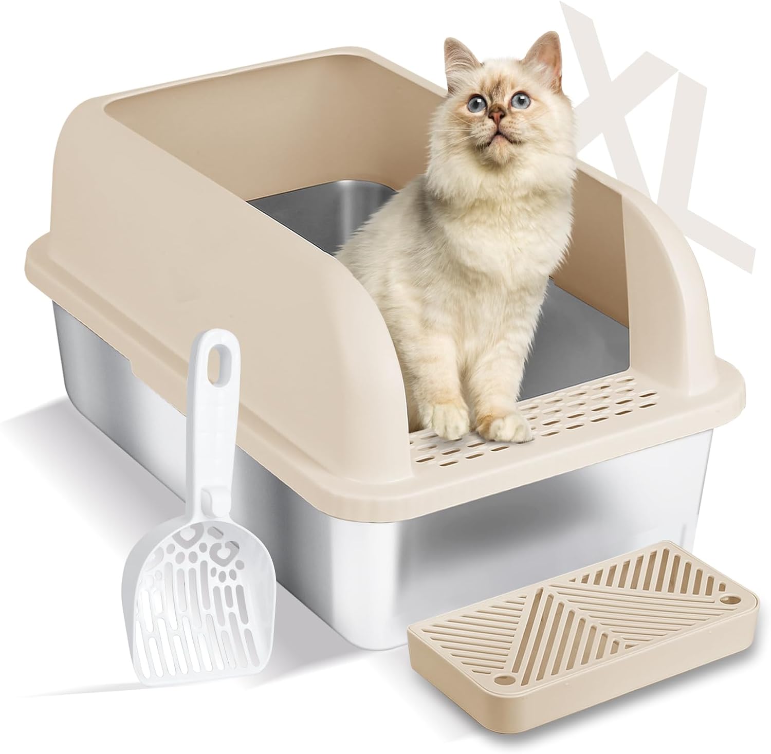 Chenove Extra-Large Stainless Steel Cat Litter Box with High Walls - Enclosed Design for Large and Multiple Cats - Easy to Clean, Leak-Proof, and Non-Stick