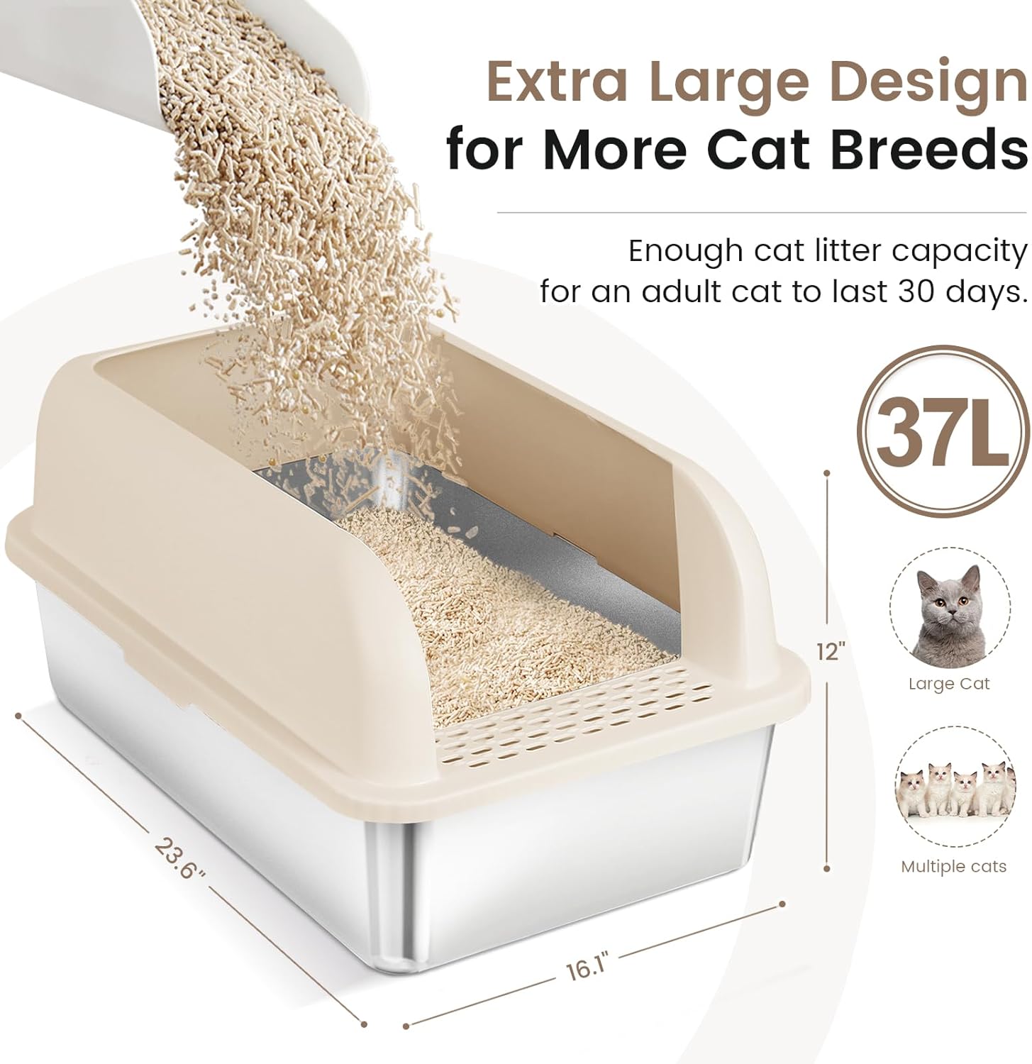 Chenove Extra-Large Stainless Steel Cat Litter Box with High Walls - Enclosed Design for Large and Multiple Cats - Easy to Clean, Leak-Proof, and Non-Stick