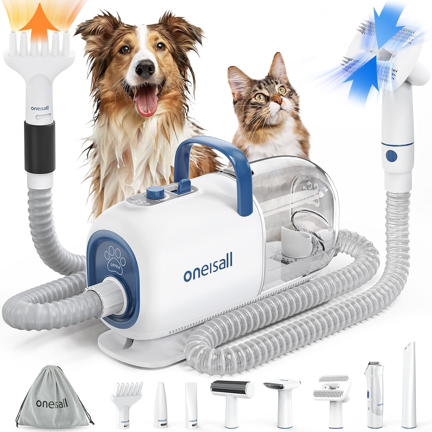 Oneisall 8-in-1 Dog Grooming Kit: Vacuum, Dryer, Clippers with Adjustable Speed & Temperature Control