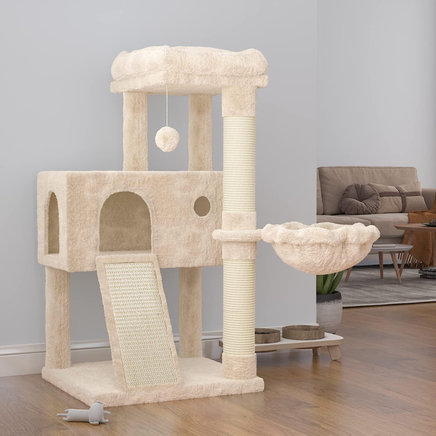 SHA CERLIN 36-Inch Cat Tree Tower with Hammock & Sisal Scratching Posts – Beige