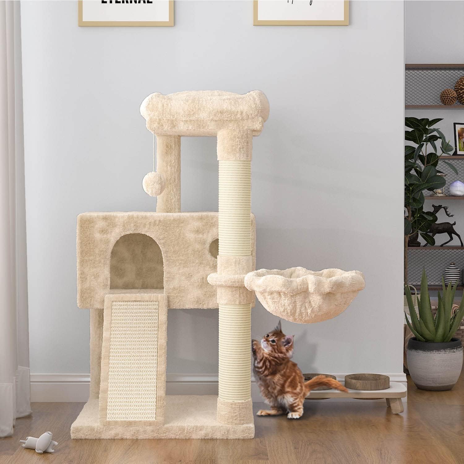 SHA CERLIN 36-Inch Cat Tree Tower with Hammock & Sisal Scratching Posts – Beige