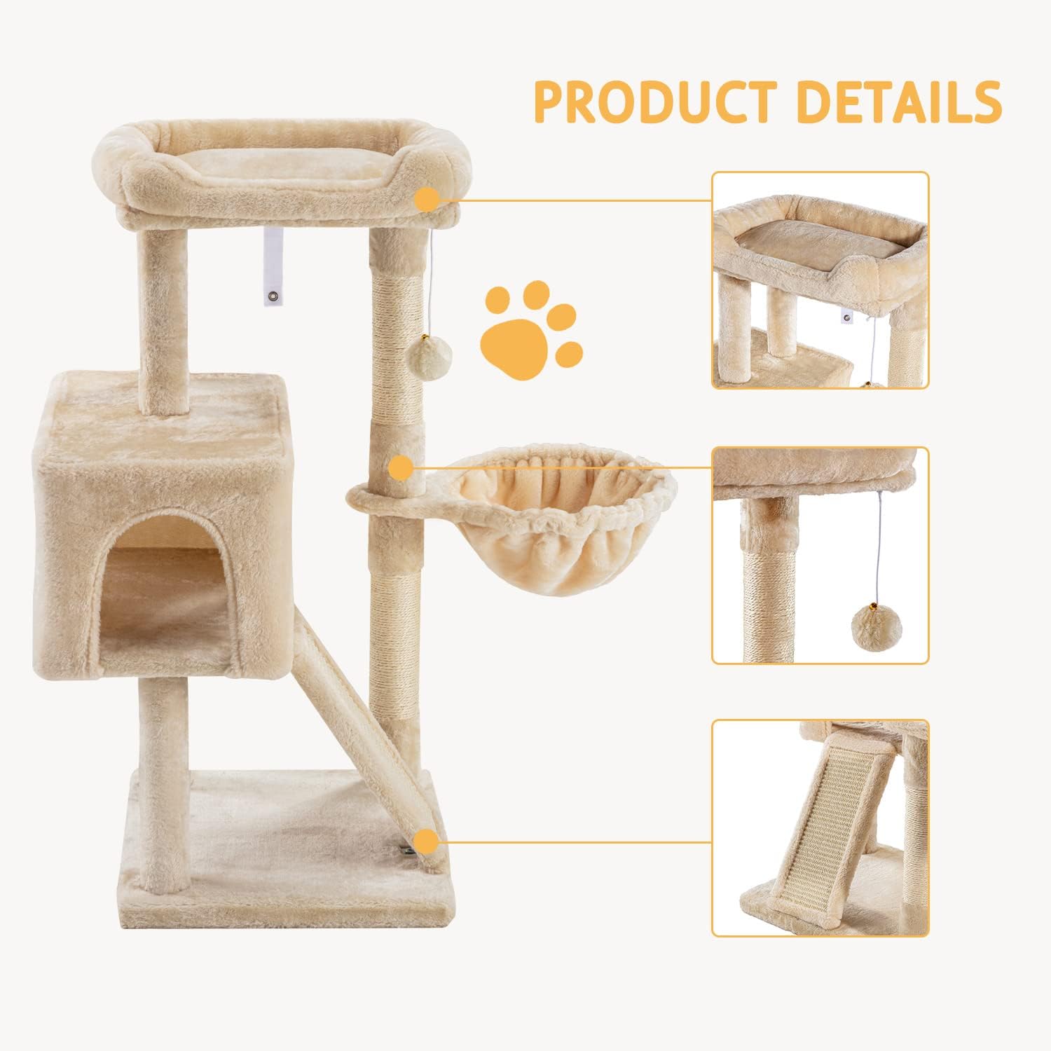 SHA CERLIN 36-Inch Cat Tree Tower with Hammock & Sisal Scratching Posts – Beige