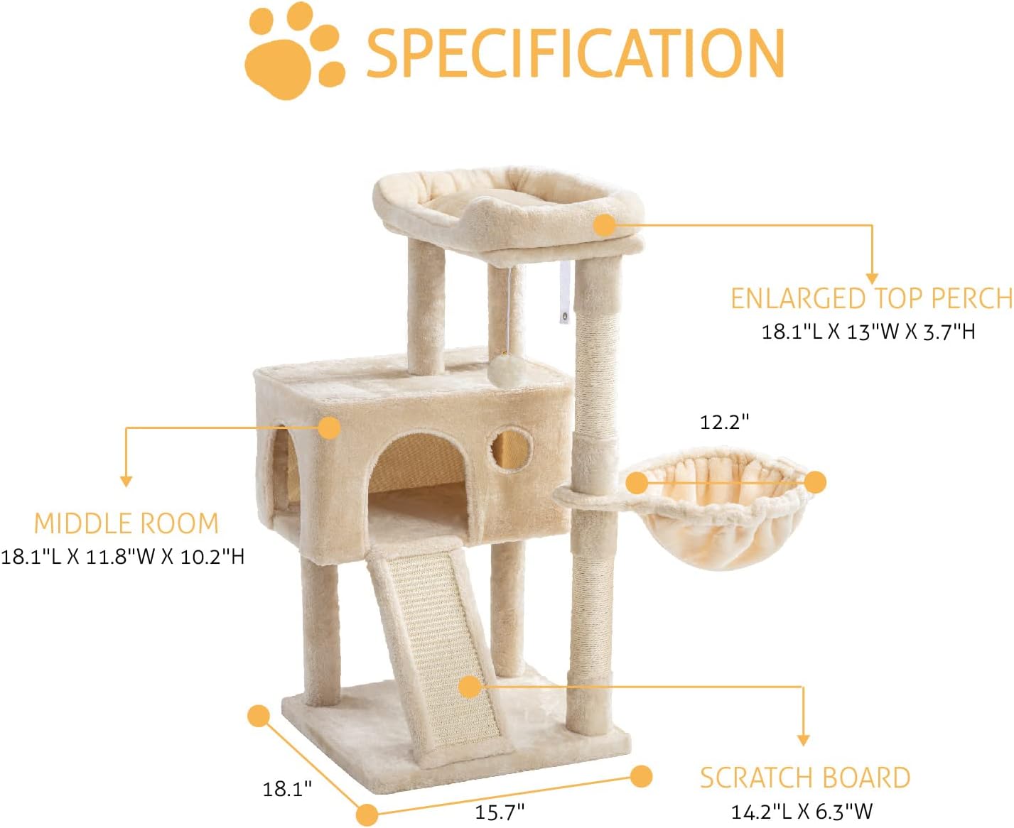 SHA CERLIN 36-Inch Cat Tree Tower with Hammock & Sisal Scratching Posts – Beige