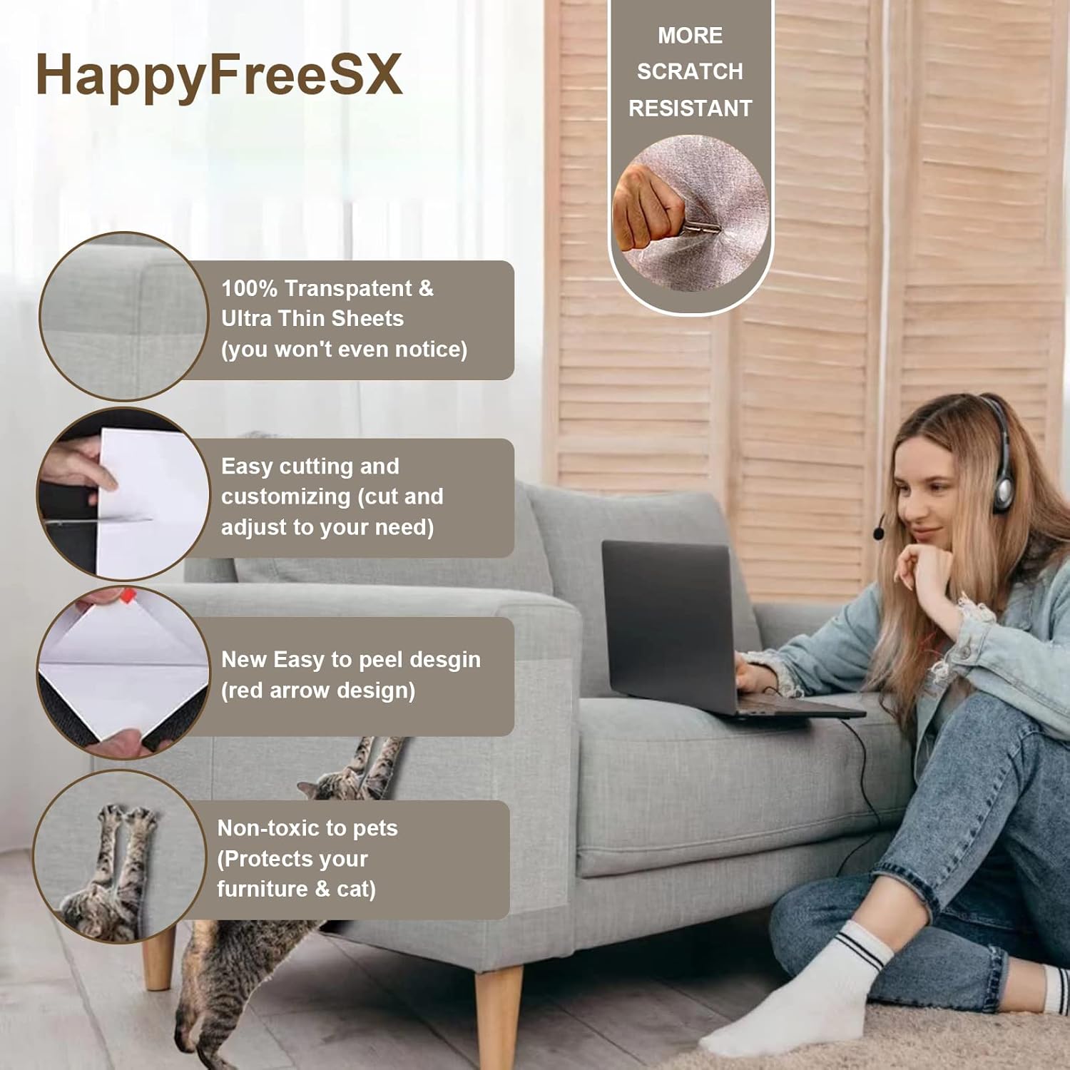 HappyFreeSX Cat Scratch Deterrent Tape – 100 Double-Sided Transparent Sheets for Residue-Free Furniture Protection