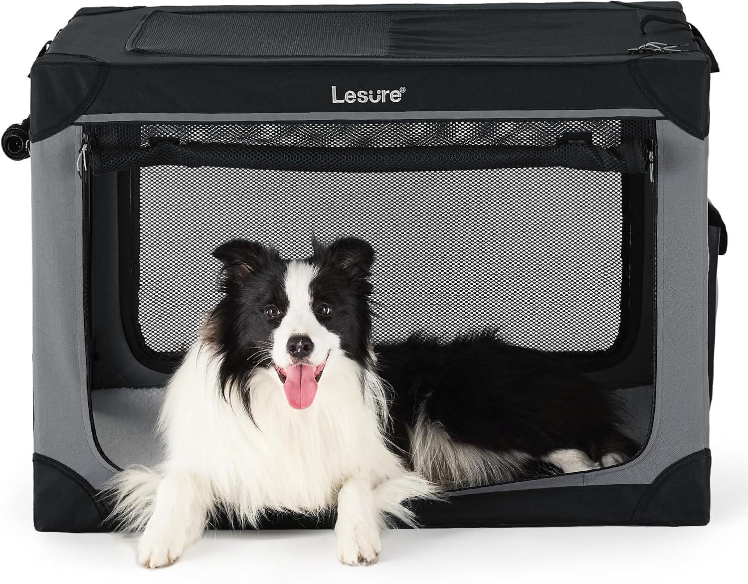 LE SURE Soft Collapsible Dog Crate - 36-Inch Portable Travel Kennel for Large Dogs, 4-Door Foldable Pet Carrier with Durable Mesh Windows (Black)