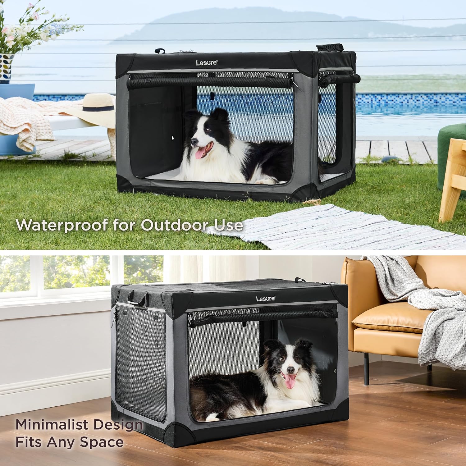 LE SURE Soft Collapsible Dog Crate - 36-Inch Portable Travel Kennel for Large Dogs, 4-Door Foldable Pet Carrier with Durable Mesh Windows (Black)