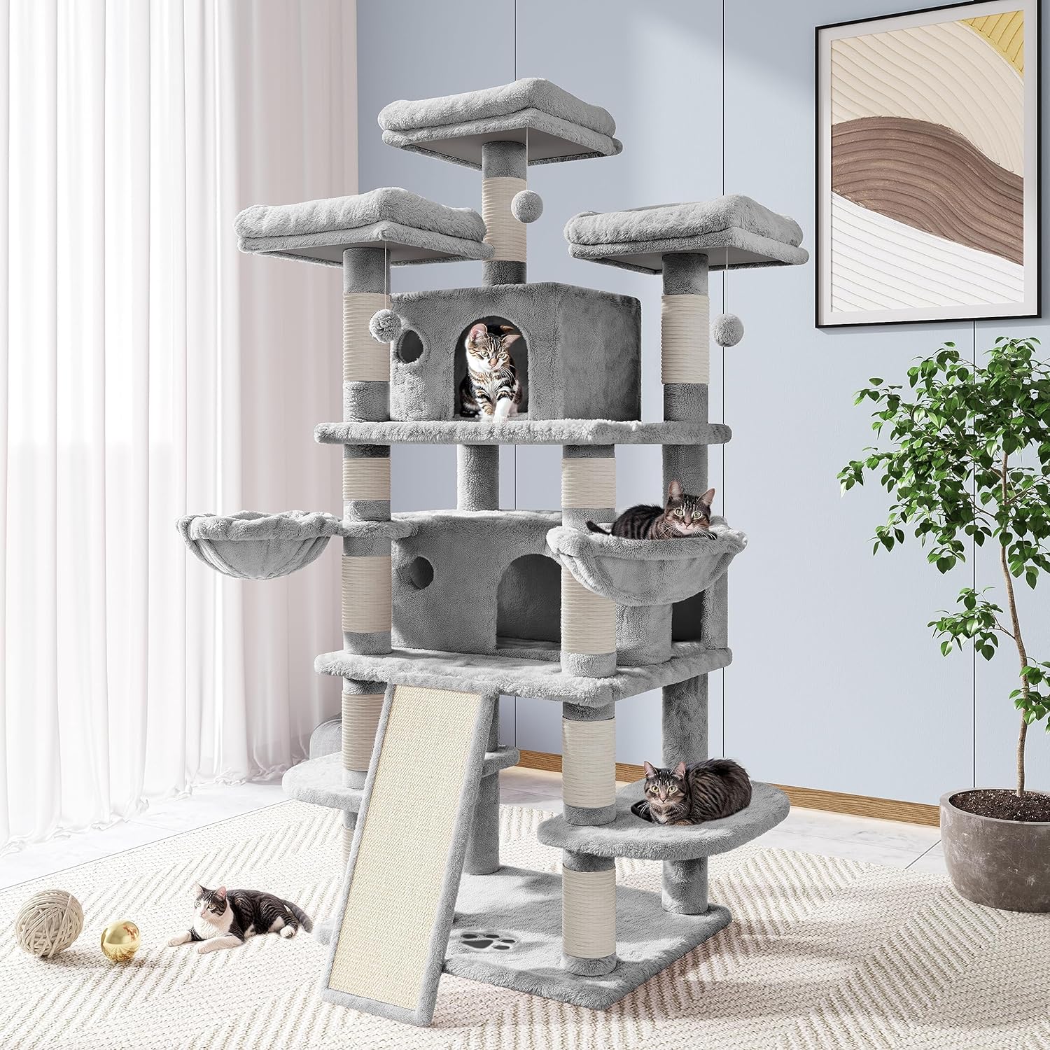 Allewie 68-Inch Multi-Level Cat Tree Tower with Condo, Scratching Posts, and Lounging Platforms for Large Cats - Light Gray