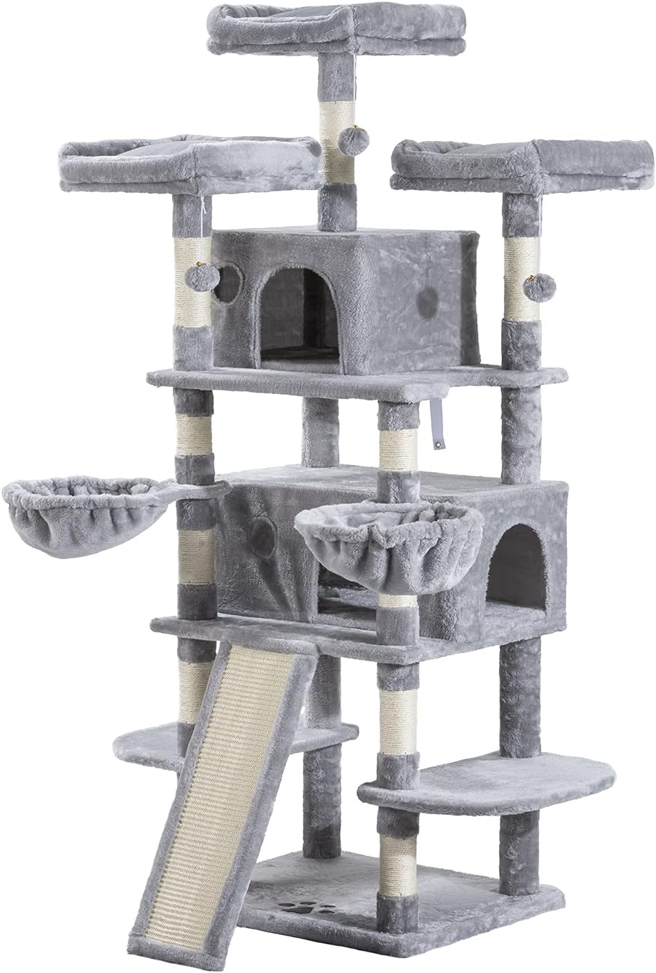 Allewie 68-Inch Multi-Level Cat Tree Tower with Condo, Scratching Posts, and Lounging Platforms for Large Cats - Light Gray