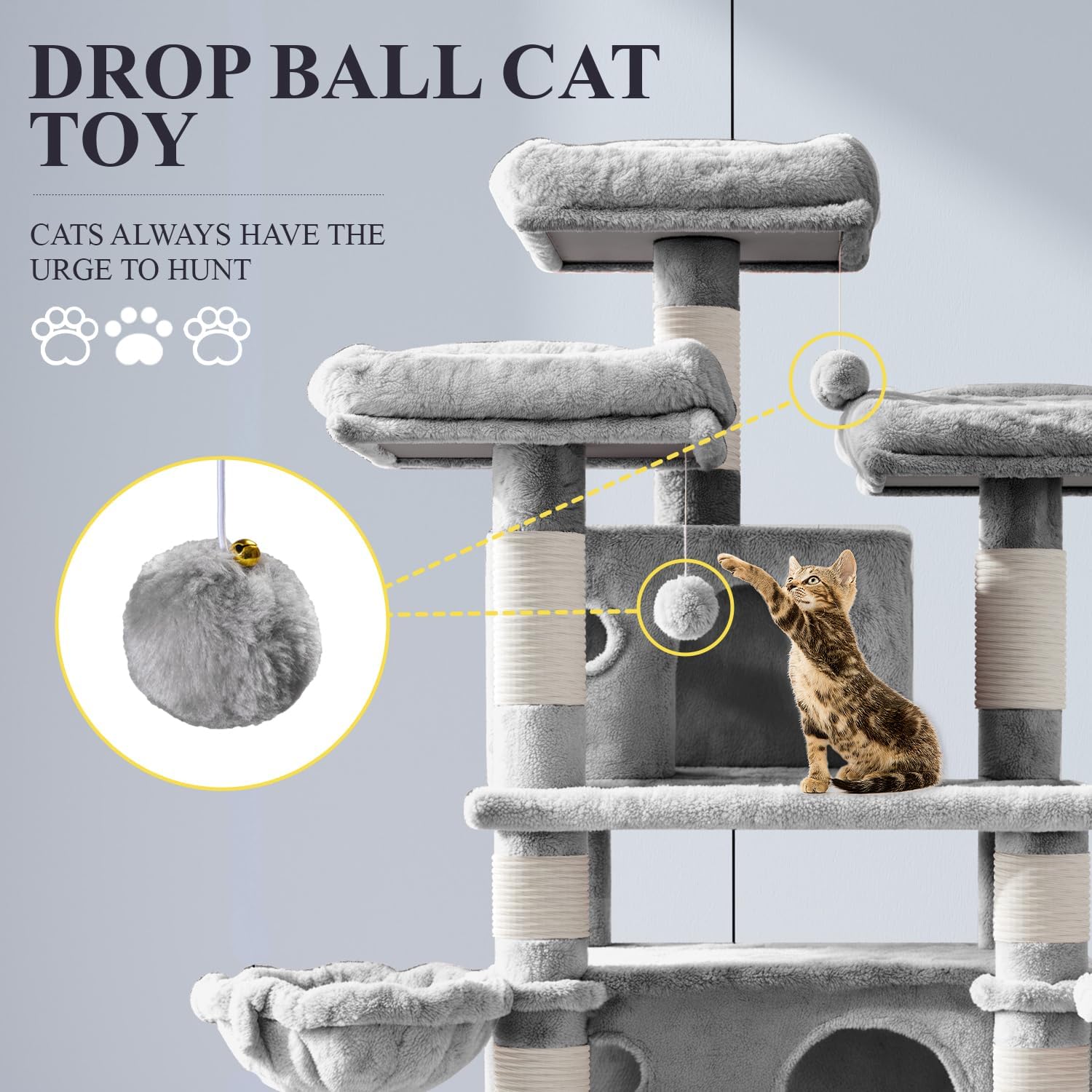 Allewie 68-Inch Multi-Level Cat Tree Tower with Condo, Scratching Posts, and Lounging Platforms for Large Cats - Light Gray