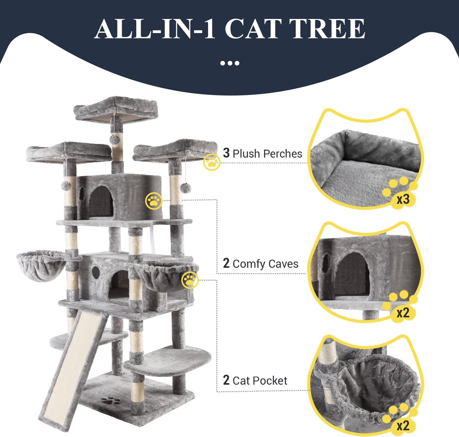 Allewie 68-Inch Multi-Level Cat Tree Tower with Condo, Scratching Posts, and Lounging Platforms for Large Cats - Light Gray