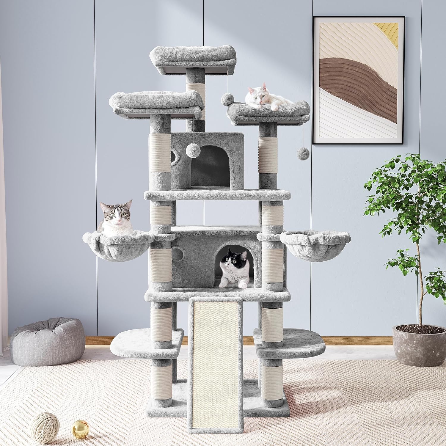 Allewie 68-Inch Multi-Level Cat Tree Tower with Condo, Scratching Posts, and Lounging Platforms for Large Cats - Light Gray