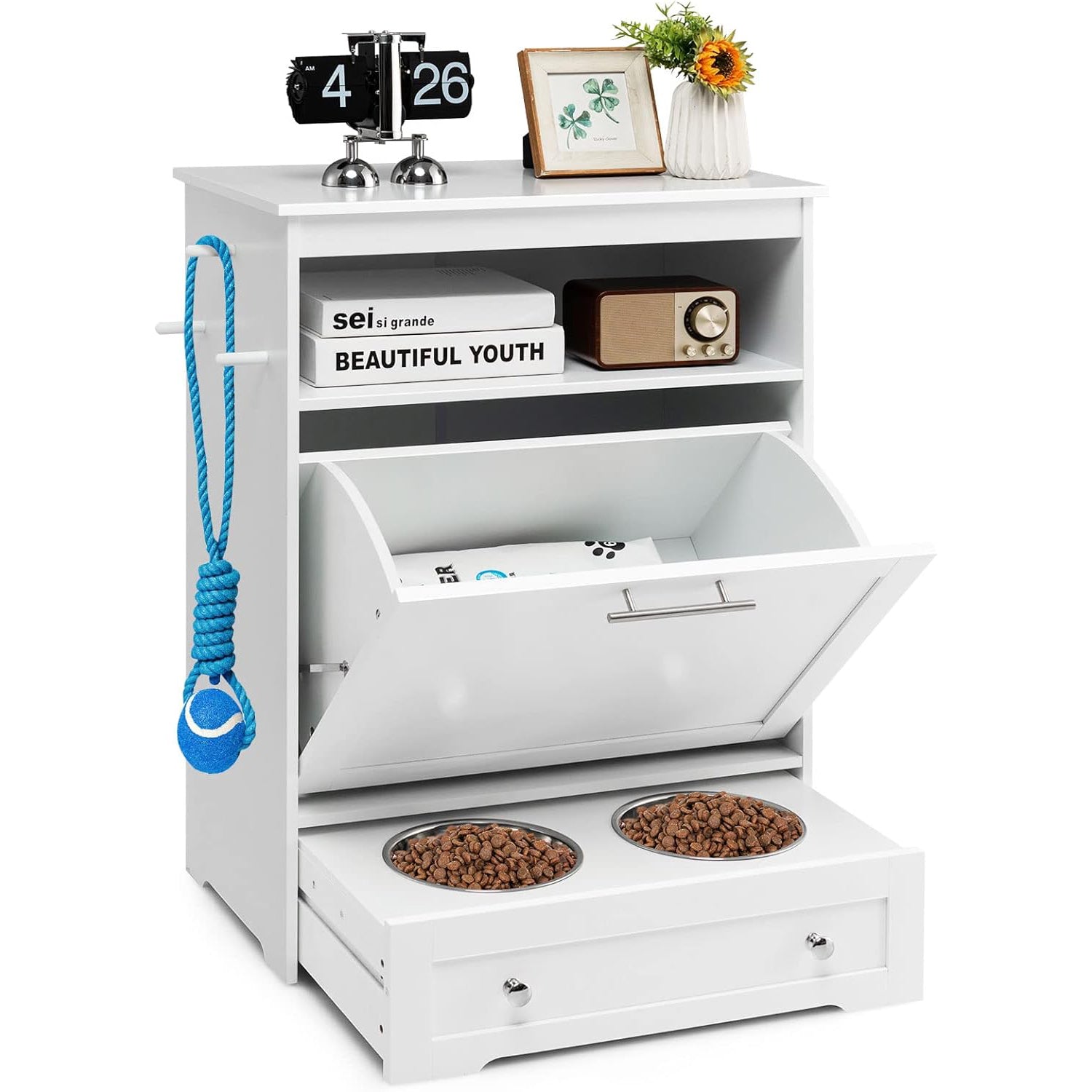 Tangkula Premium Pet Feeding Station: Multi-Purpose Dog Food Storage Cabinet with Pull-Out Bowls and Organizing Solutions for Toys and Feeding Supplies