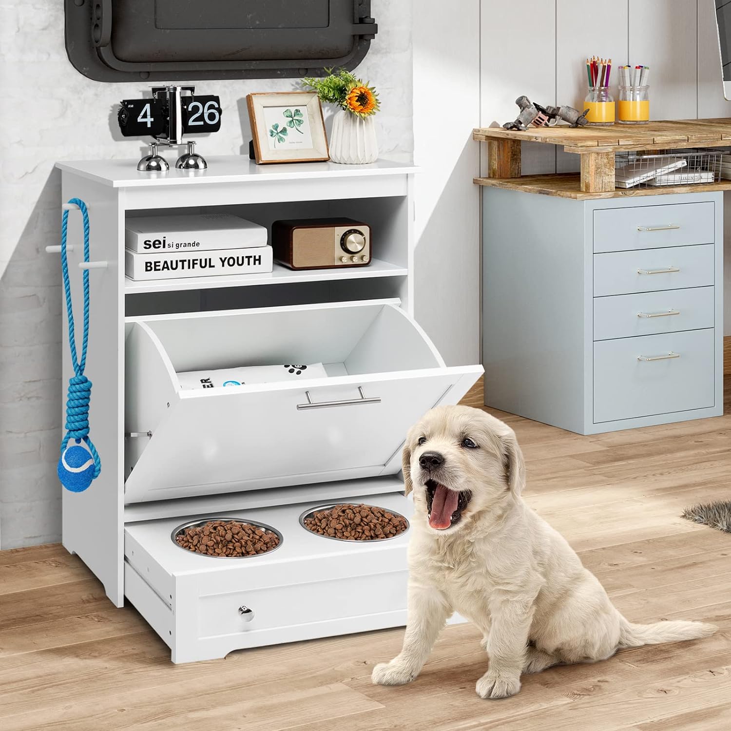 Tangkula Premium Pet Feeding Station: Multi-Purpose Dog Food Storage Cabinet with Pull-Out Bowls and Organizing Solutions for Toys and Feeding Supplies