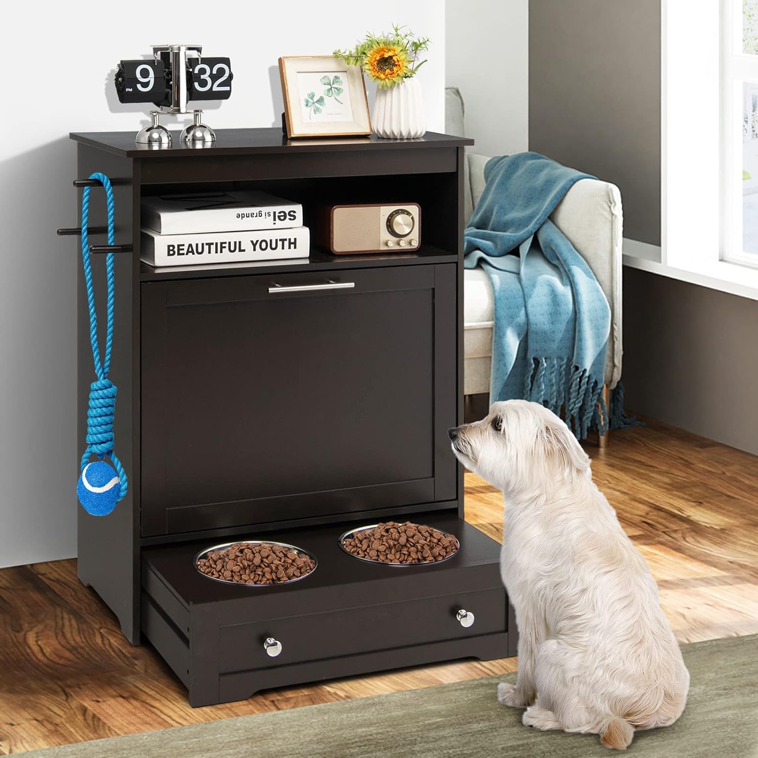 Tangkula Premium Pet Feeding Station: Multi-Purpose Dog Food Storage Cabinet with Pull-Out Bowls and Organizing Solutions for Toys and Feeding Supplies