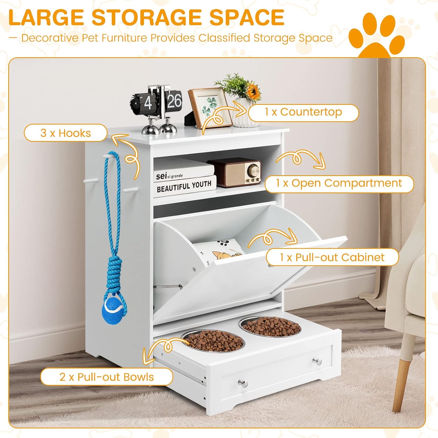 Tangkula Premium Pet Feeding Station: Multi-Purpose Dog Food Storage Cabinet with Pull-Out Bowls and Organizing Solutions for Toys and Feeding Supplies