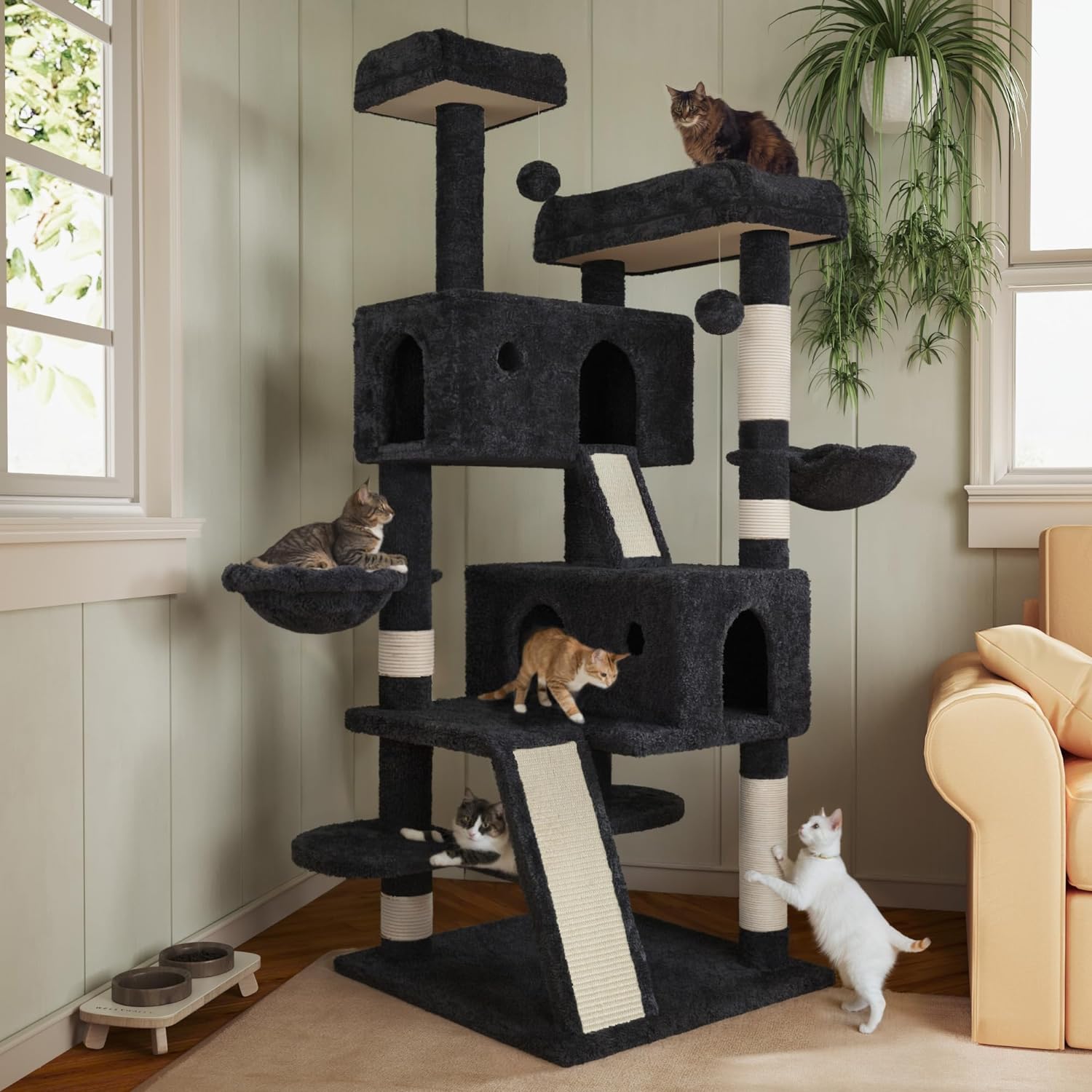 MUTICOR 5.5-Foot Multi-Level Cat Tree Tower for Large Indoor Cats – Dark Grey with Plush Perches, Sisal Scratching Posts, Hammock, and Baskets