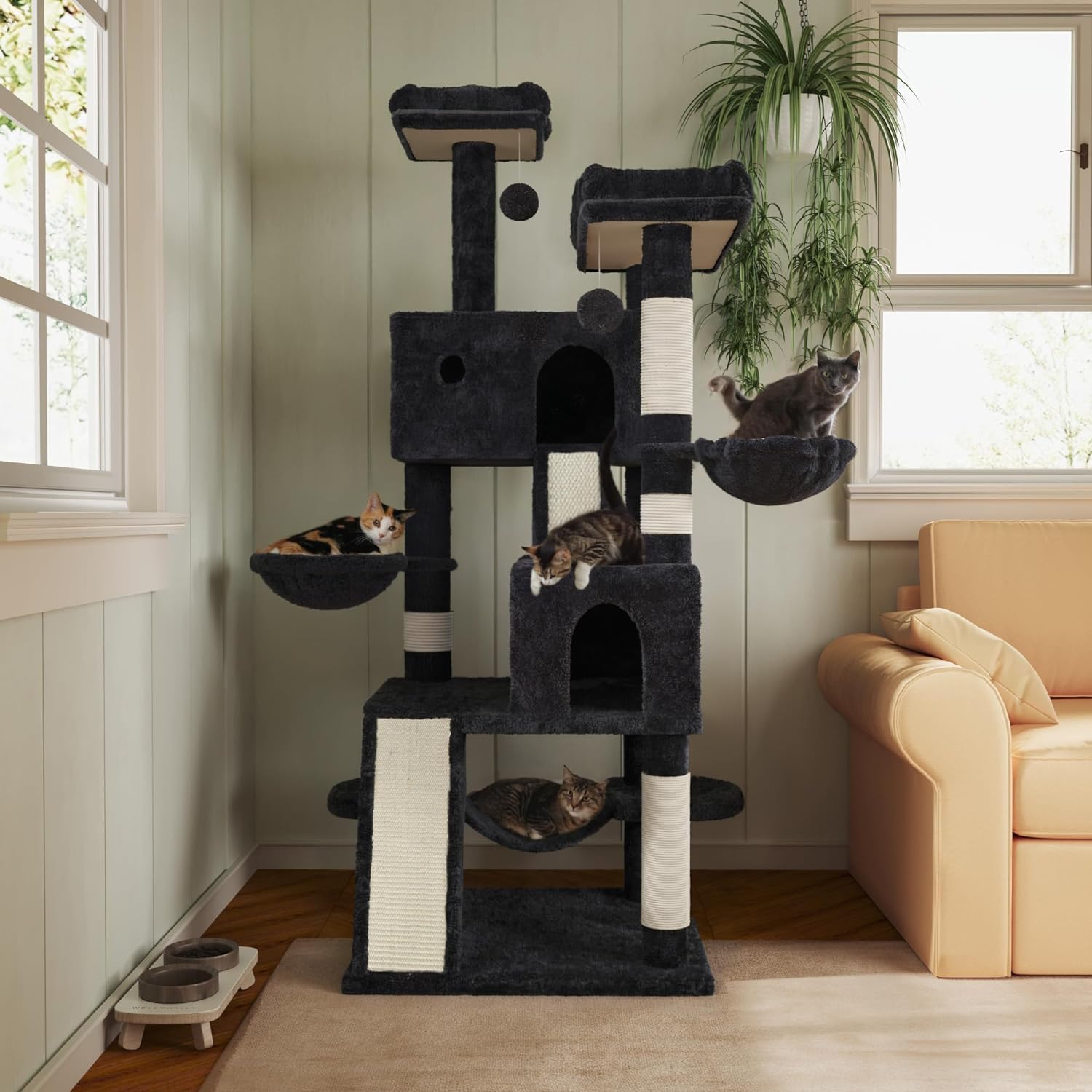 MUTICOR 5.5-Foot Multi-Level Cat Tree Tower for Large Indoor Cats – Dark Grey with Plush Perches, Sisal Scratching Posts, Hammock, and Baskets