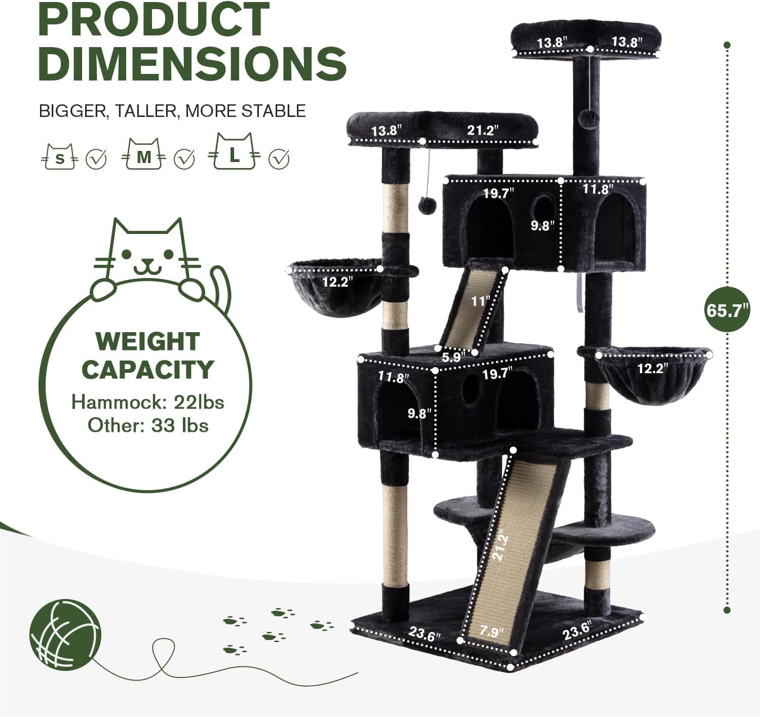 MUTICOR 5.5-Foot Multi-Level Cat Tree Tower for Large Indoor Cats – Dark Grey with Plush Perches, Sisal Scratching Posts, Hammock, and Baskets