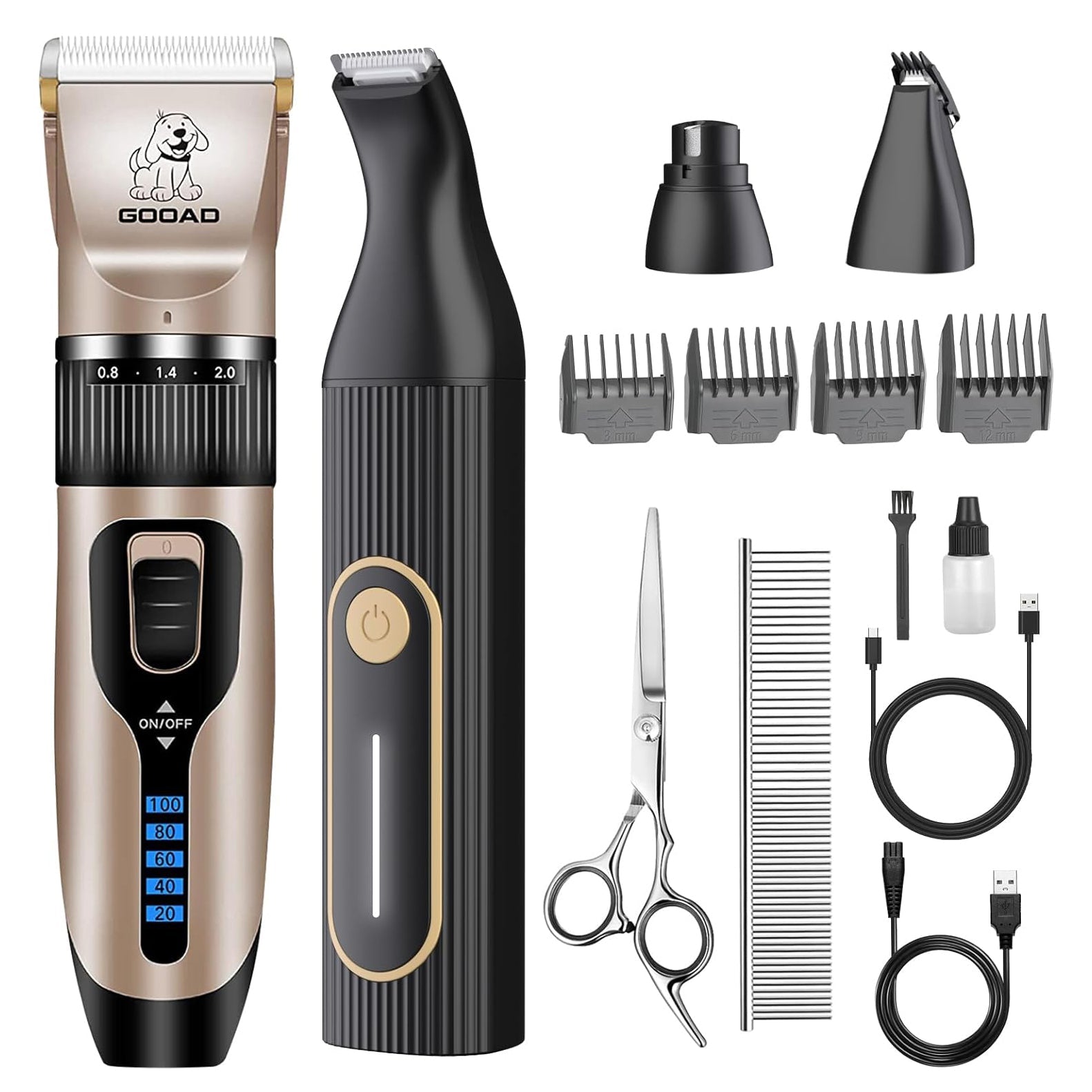 Rechargeable, Low-Noise Clippers with Nail Grinder, Trimmer, and Shaver for Dogs and Cats - Gold & Black