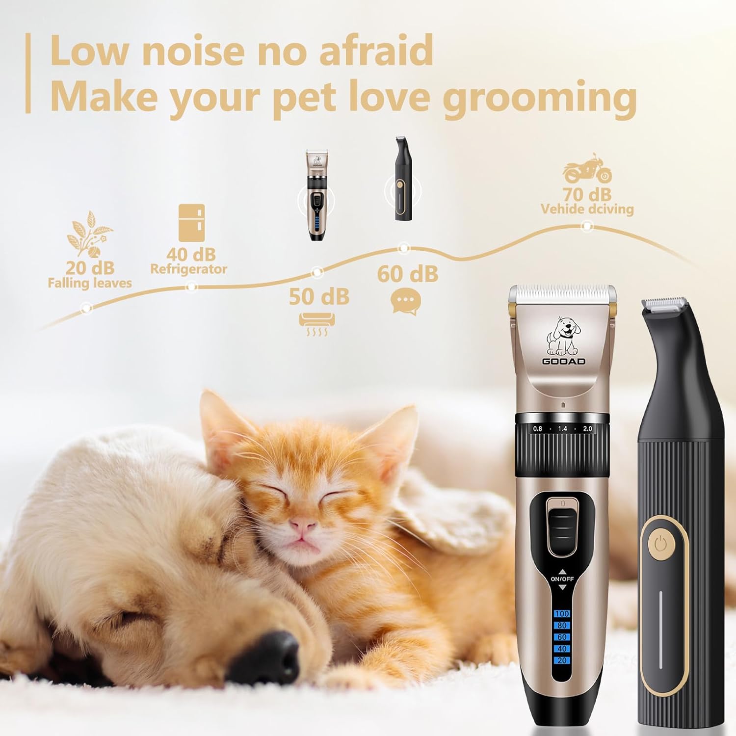 Rechargeable, Low-Noise Clippers with Nail Grinder, Trimmer, and Shaver for Dogs and Cats - Gold & Black