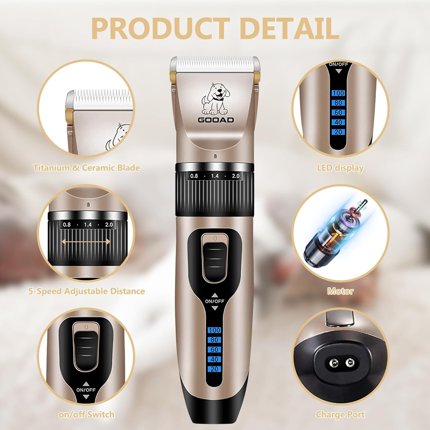 Rechargeable, Low-Noise Clippers with Nail Grinder, Trimmer, and Shaver for Dogs and Cats - Gold & Black