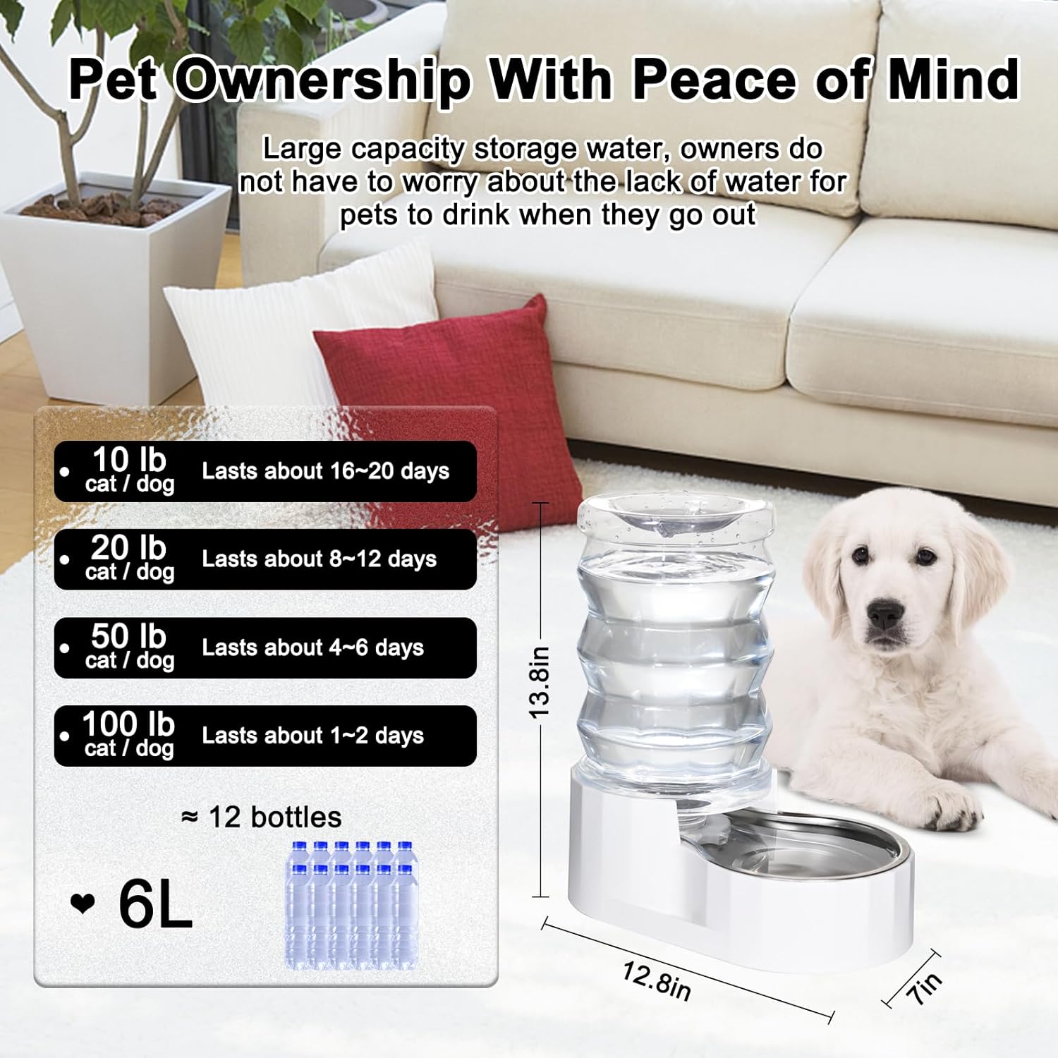 RIZZARI 6L Automatic Pet Water Dispenser - Stainless Steel Gravity-Feed System