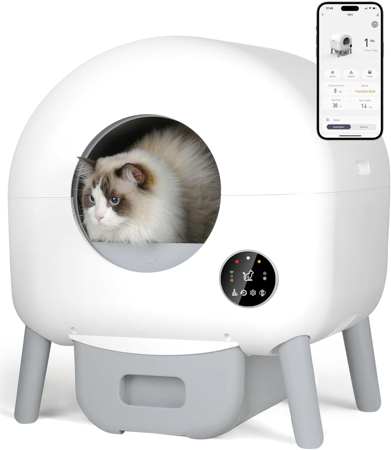 Automatic Self-Cleaning Cat Litter Box – 100L Capacity, App-Controlled, Includes Garbage Bags & Mat, Compatible with All Cats (White)