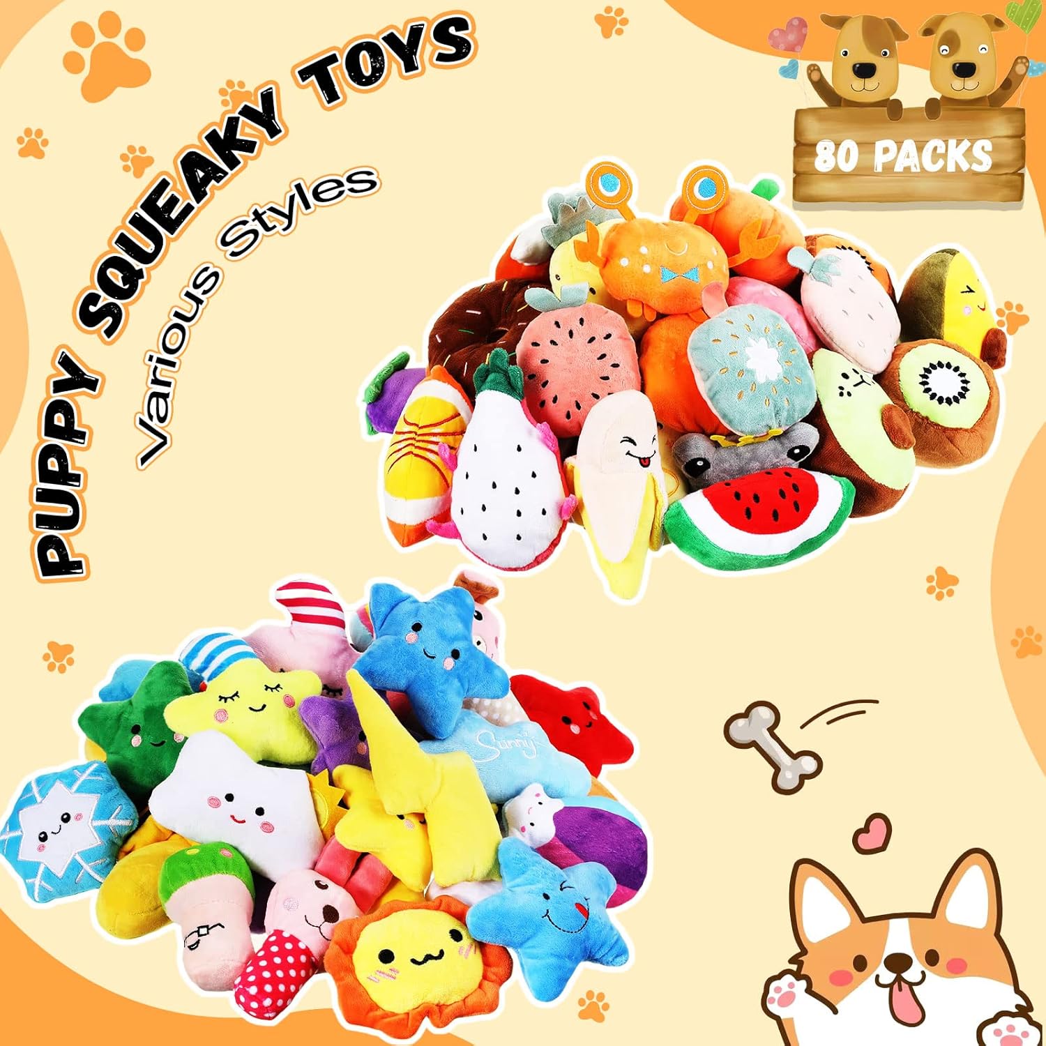 Hungdao 80-Piece Plush Squeaky Toy Set for Puppies and Small Dogs – Engaging Chew and Teething Toys with Unique Designs