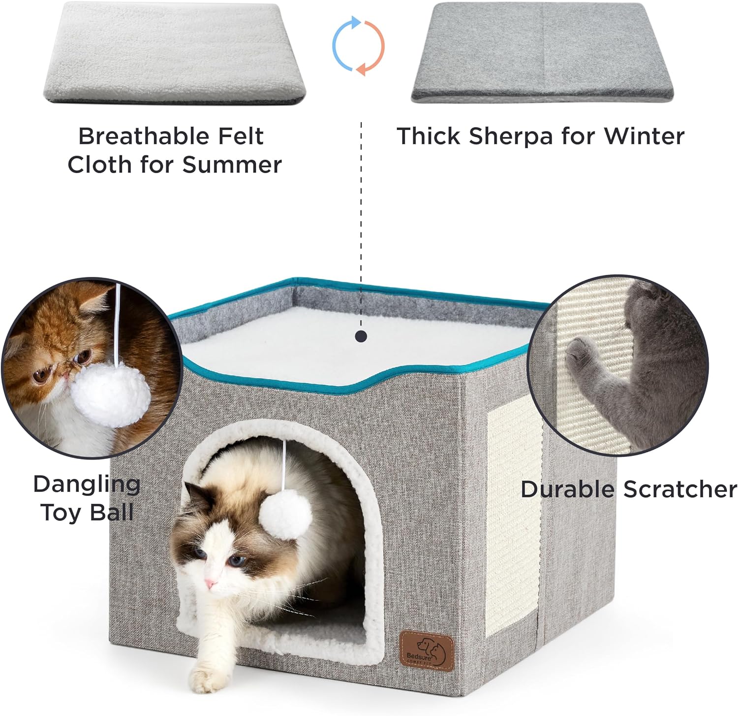 Bedsure Premium Cat Cave with Hanging Toy & Scratch Pad – Spacious Indoor Pet Hideaway